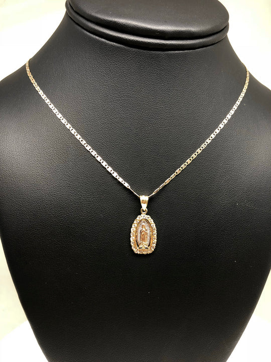14k Solid Gold Yellow & Rose Virrgin Mary CZ Pendant Virrgen Guadalupe Valentina Chain (XS, SM, MED) - Image 9