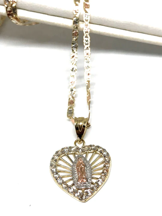 14k Solid Gold Tri-Color Virrgin Mary Heart CZ Pendant Virrgen Guadalupe Valentina Chain - Image 3