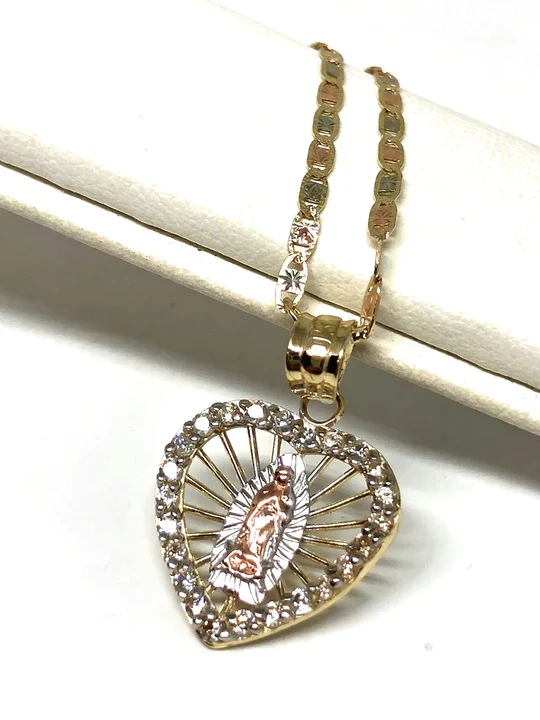 14k Solid Gold Tri-Color Virrgin Mary Heart CZ Pendant Virrgen Guadalupe Valentina Chain - Image 4