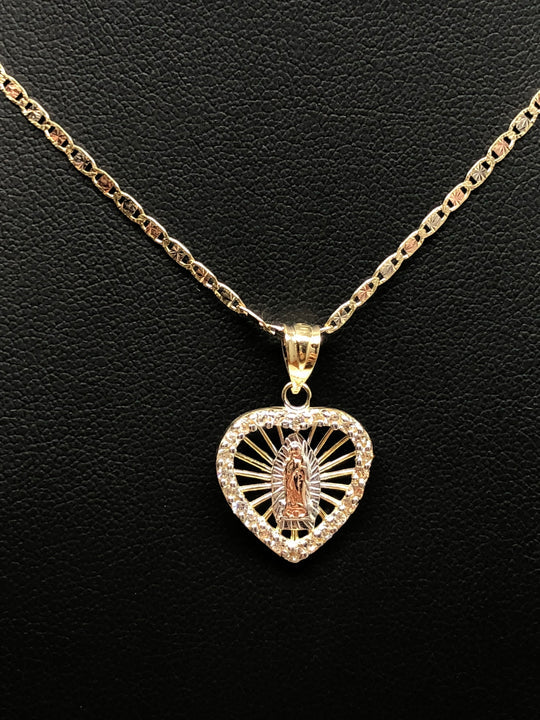 14k Solid Gold Tri-Color Virrgin Mary Heart CZ Pendant Virrgen Guadalupe Valentina Chain - Image 5