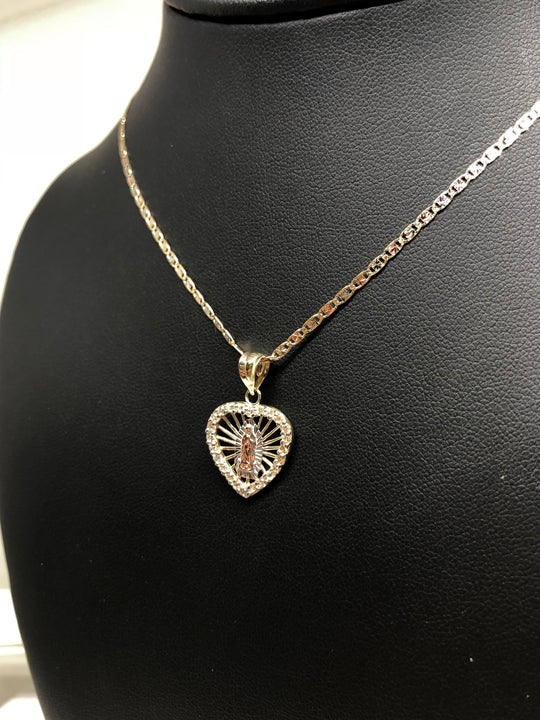14k Solid Gold Tri-Color Virrgin Mary Heart CZ Pendant Virrgen Guadalupe Valentina Chain - Image 6
