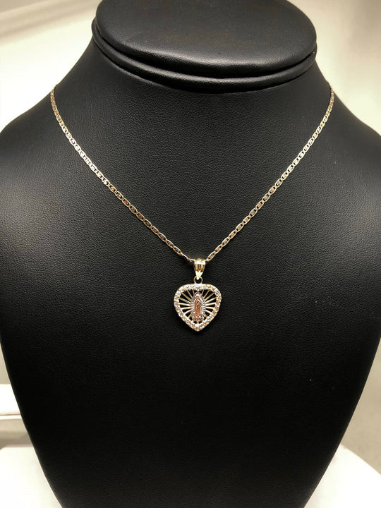 14k Solid Gold Tri-Color Virrgin Mary Heart CZ Pendant Virrgen Guadalupe Valentina Chain - Image 7