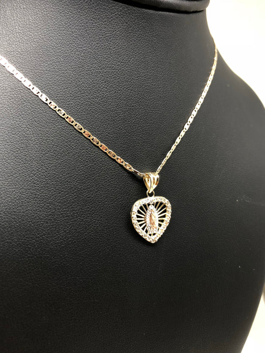 14k Solid Gold Tri-Color Virrgin Mary Heart CZ Pendant Virrgen Guadalupe Valentina Chain - Image 8