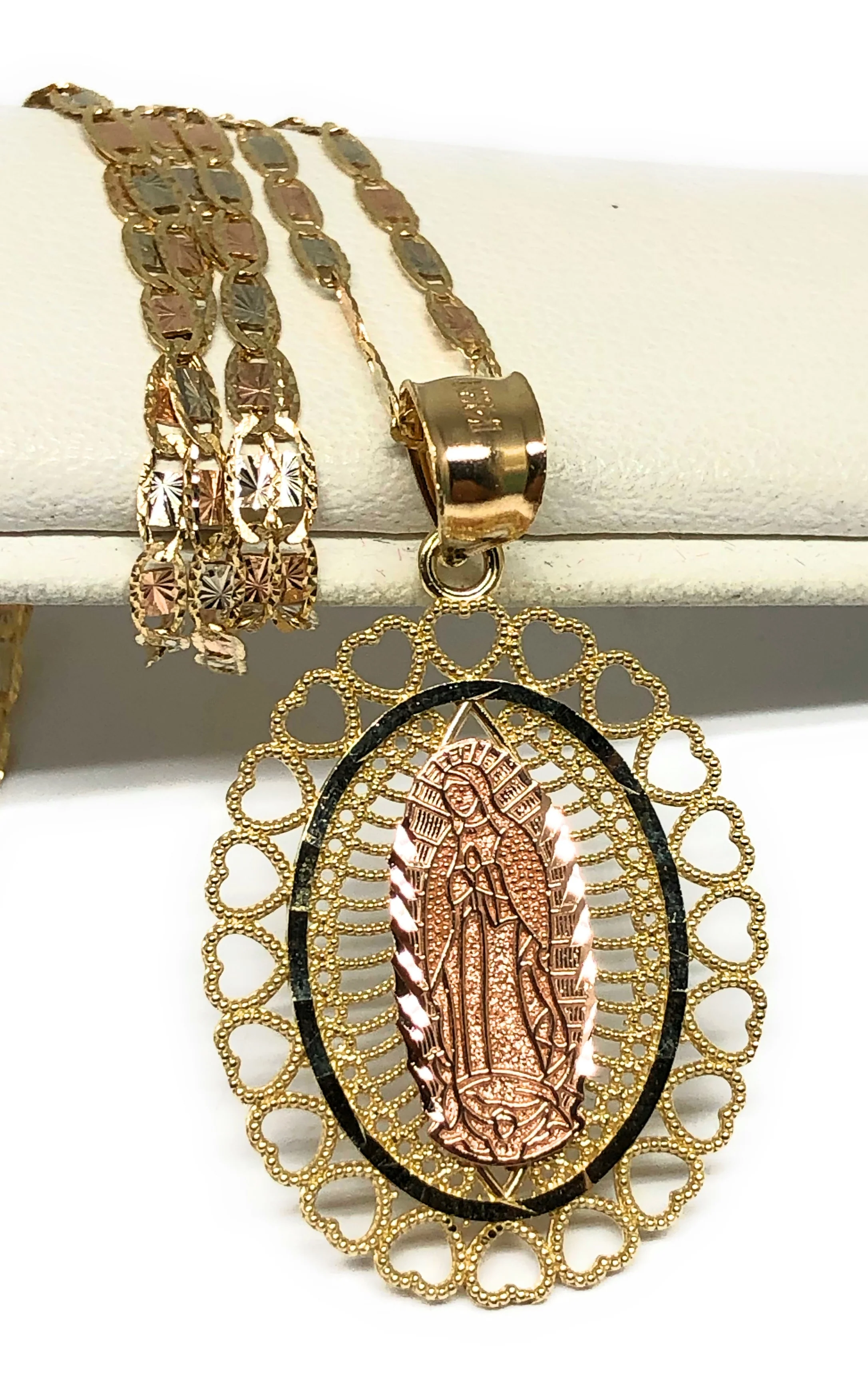 14k Solid Gold Yellow & Rose Virrgin Mary Hearts Pendant Virrgen Guadalupe Necklace - Image 3