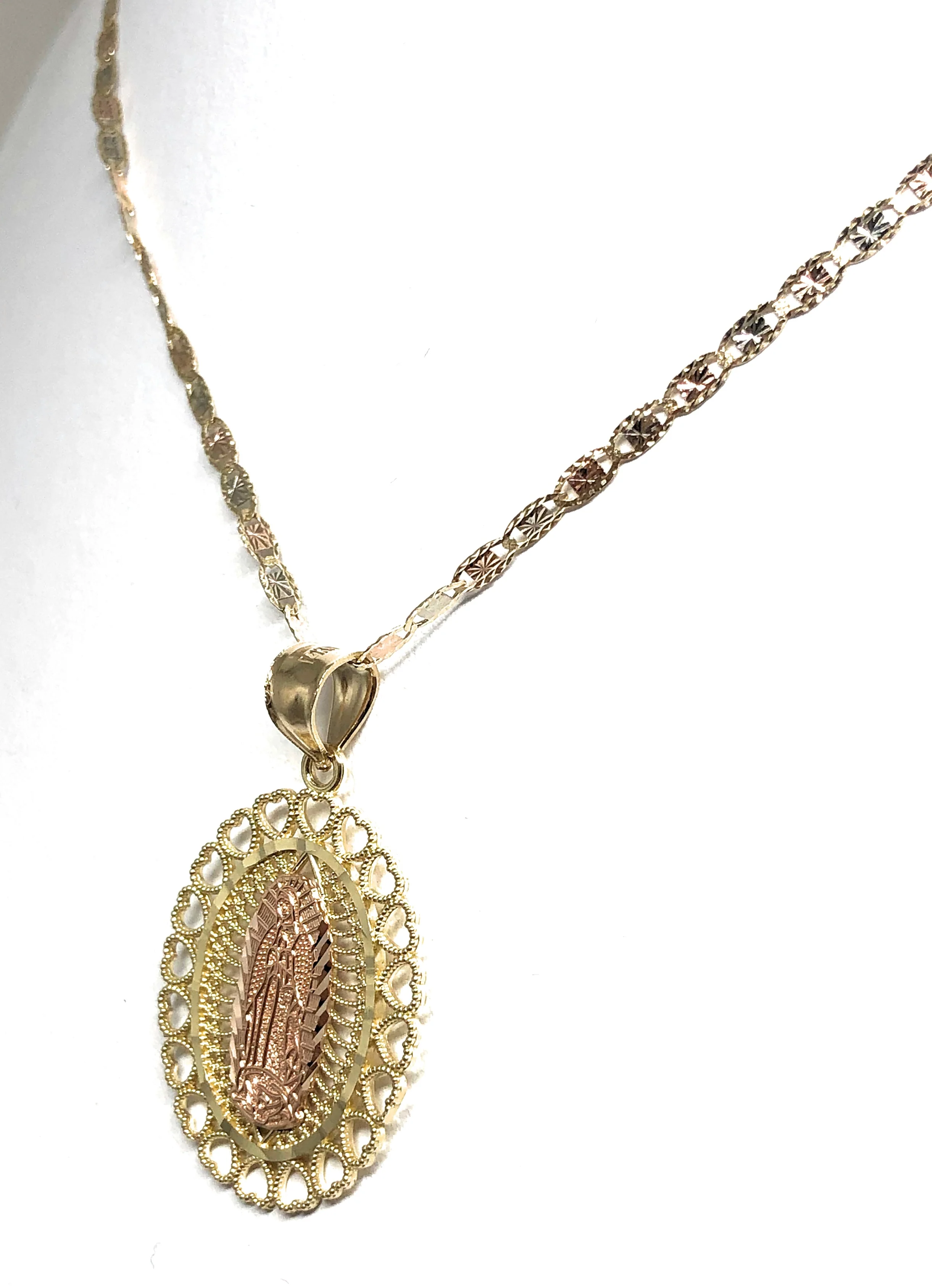14k Solid Gold Yellow & Rose Virrgin Mary Hearts Pendant Virrgen Guadalupe Necklace - Image 5