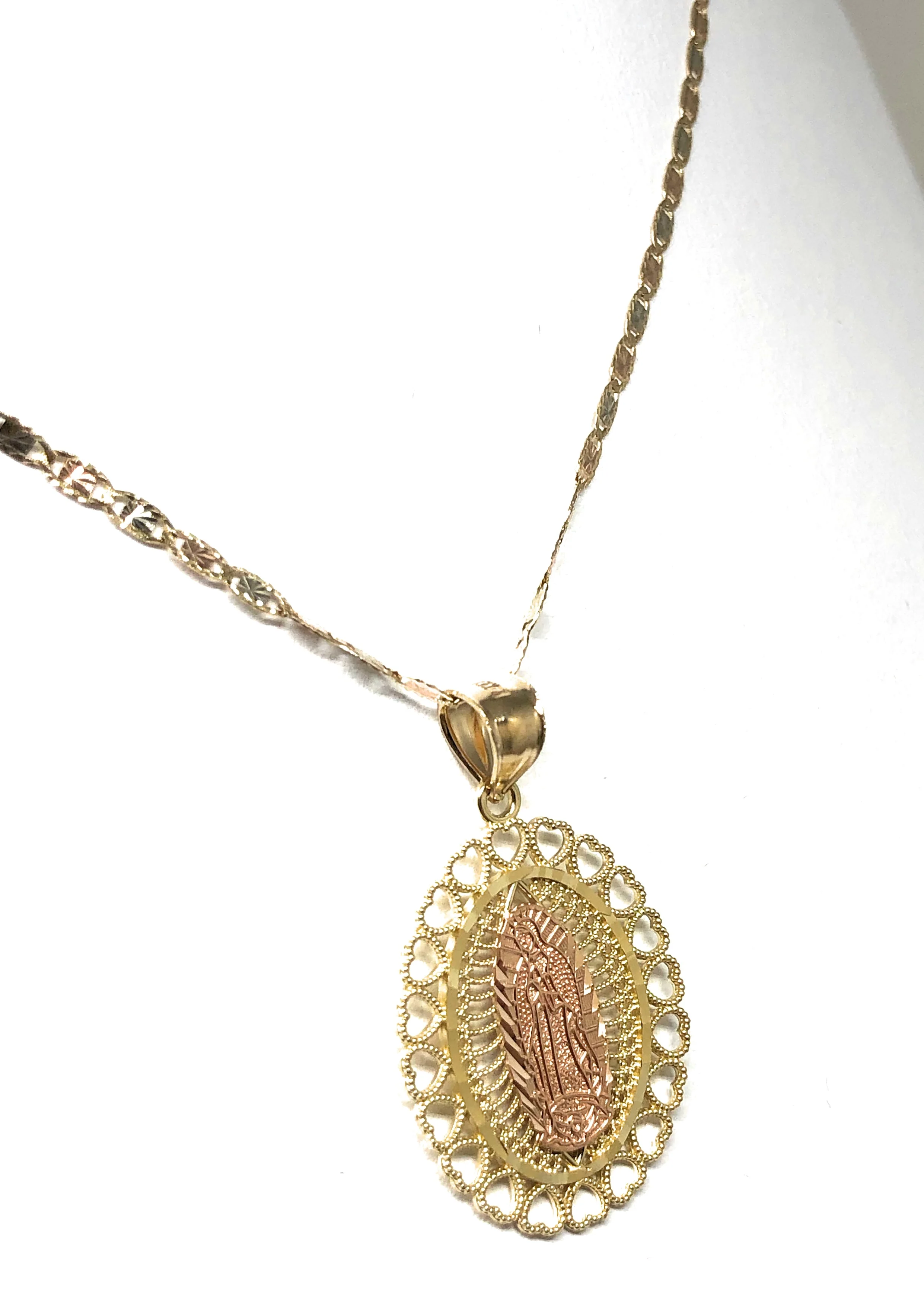 14k Solid Gold Yellow & Rose Virrgin Mary Hearts Pendant Virrgen Guadalupe Necklace - Image 6