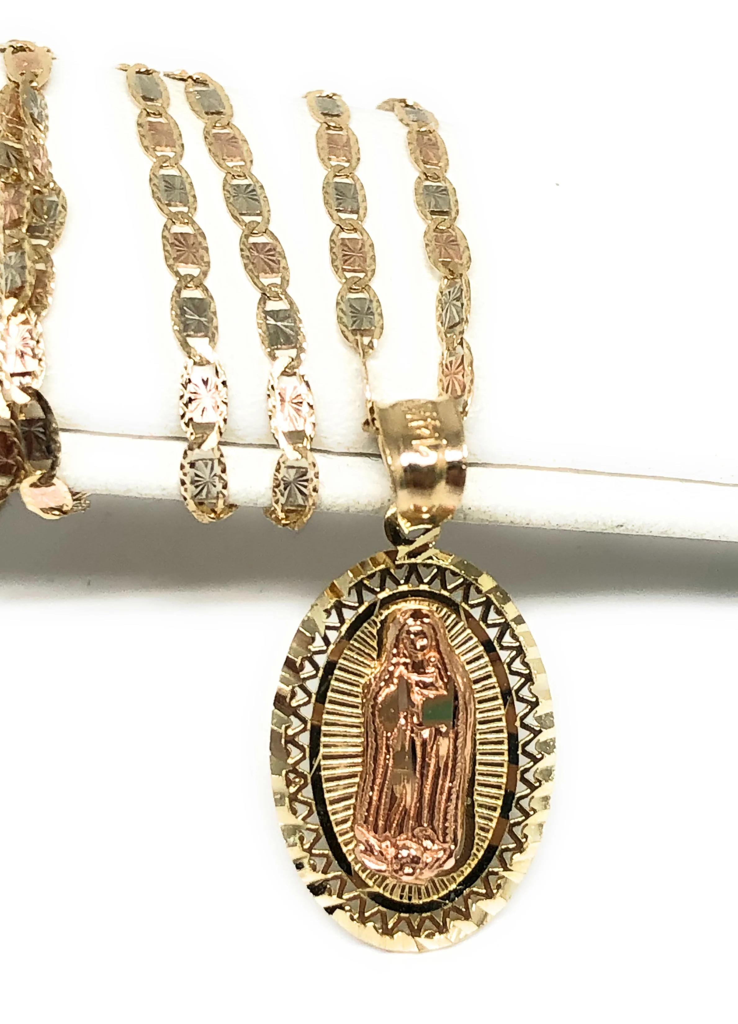 14k Solid Gold Yellow & Rose Virrgin Mary Pendant Virrgen Guadalupe Necklace