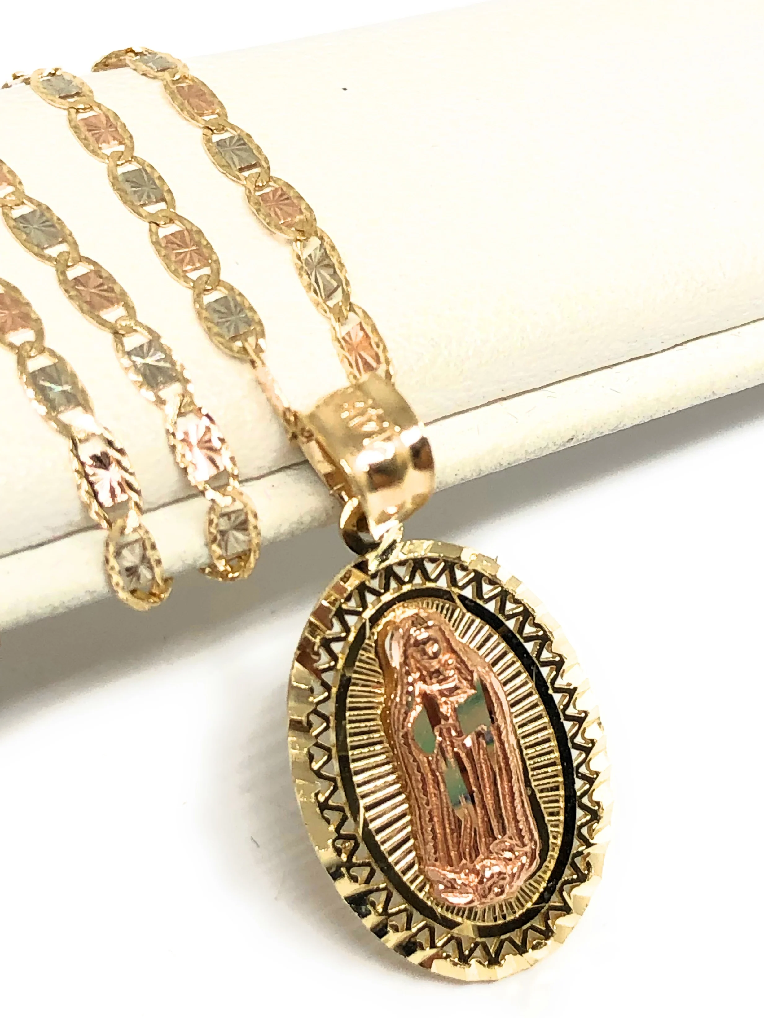 14k Solid Gold Yellow & Rose Virrgin Mary Pendant Virrgen Guadalupe Necklace - Image 3