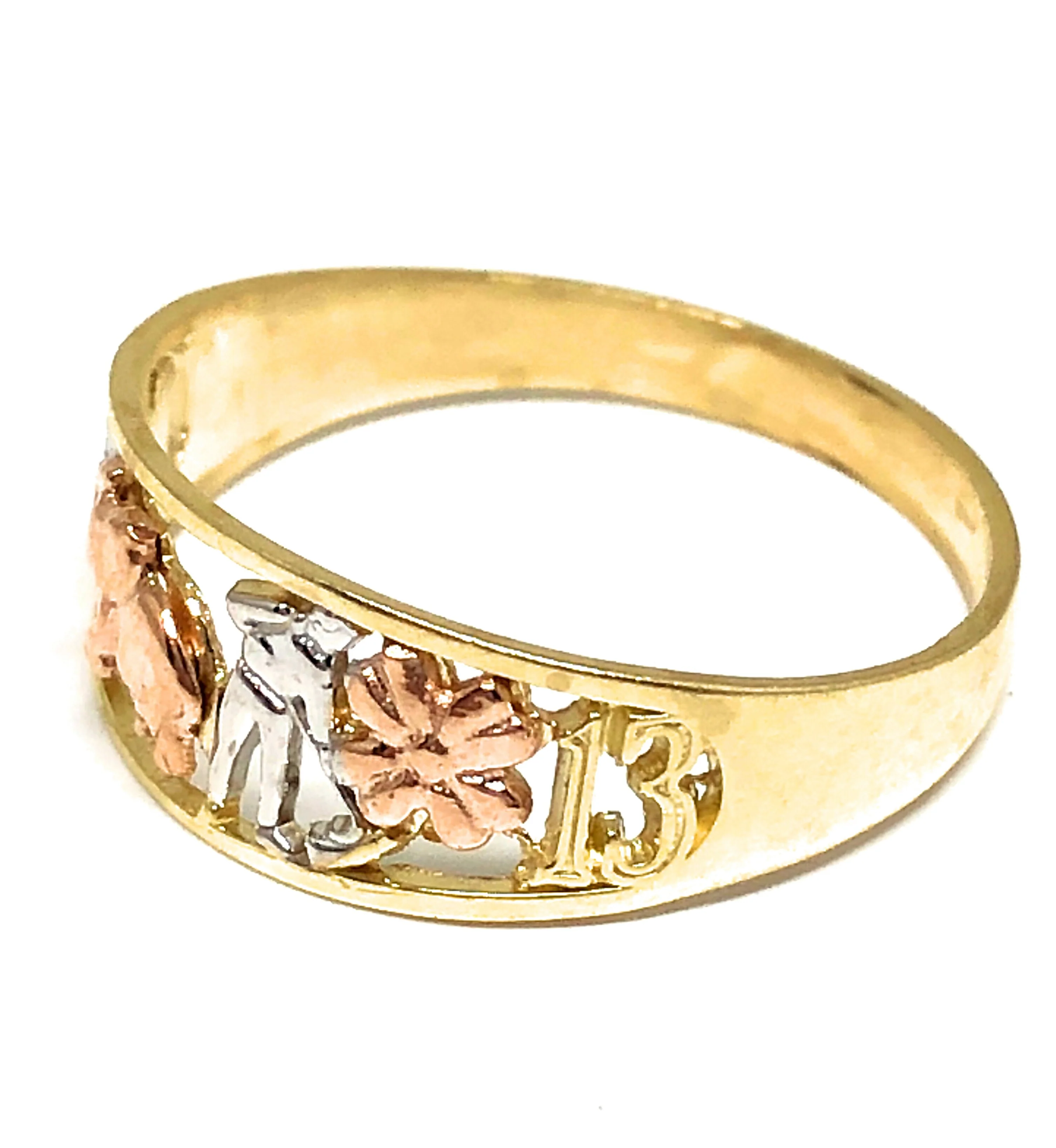 14k Solid Gold Yellow Tri-Color Lucky Symbols Ring Suerte - Image 3