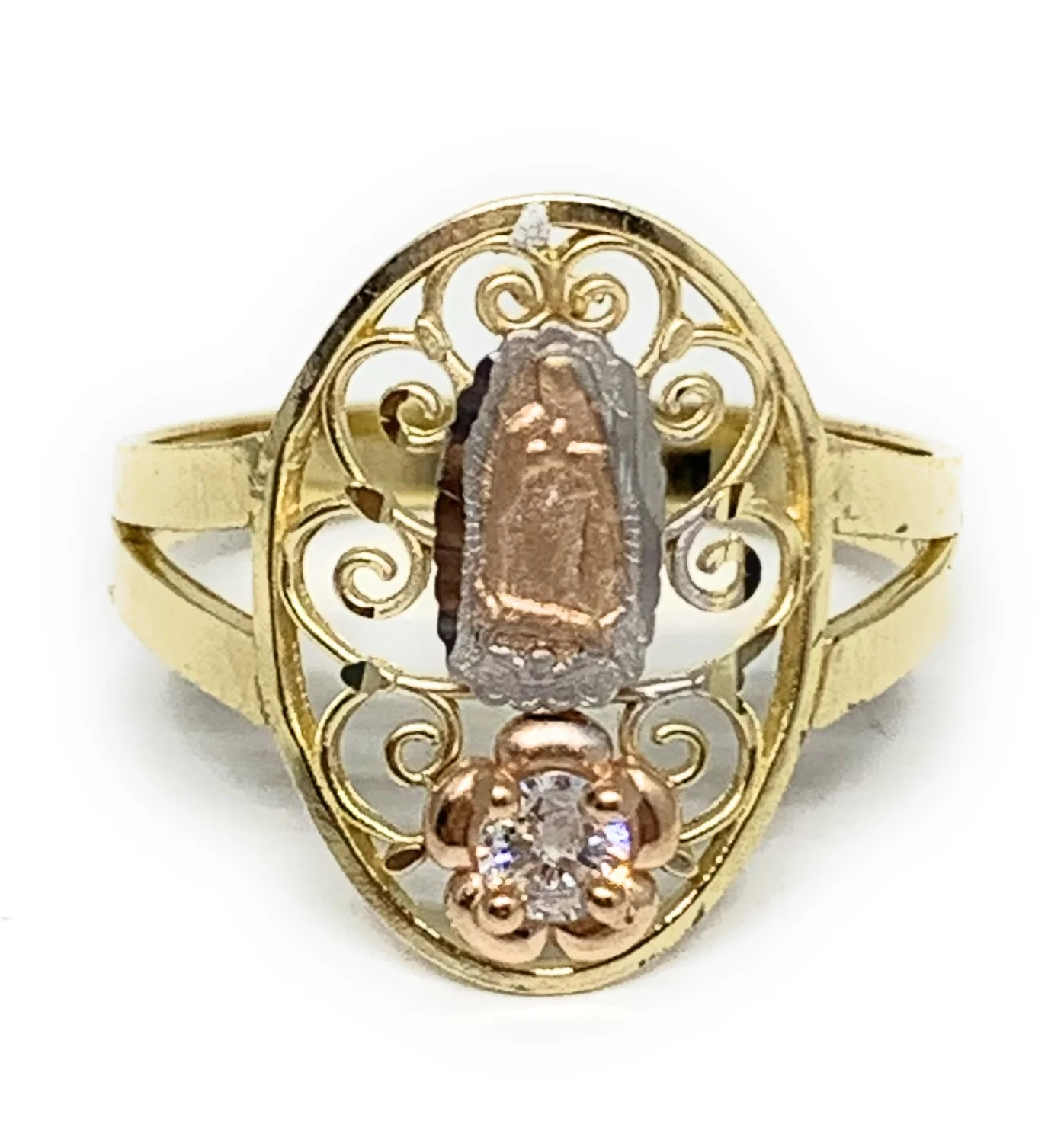 14k Solid Gold Yellow Tri-Color Virrgin Mary CZ Filigran Flower Ring