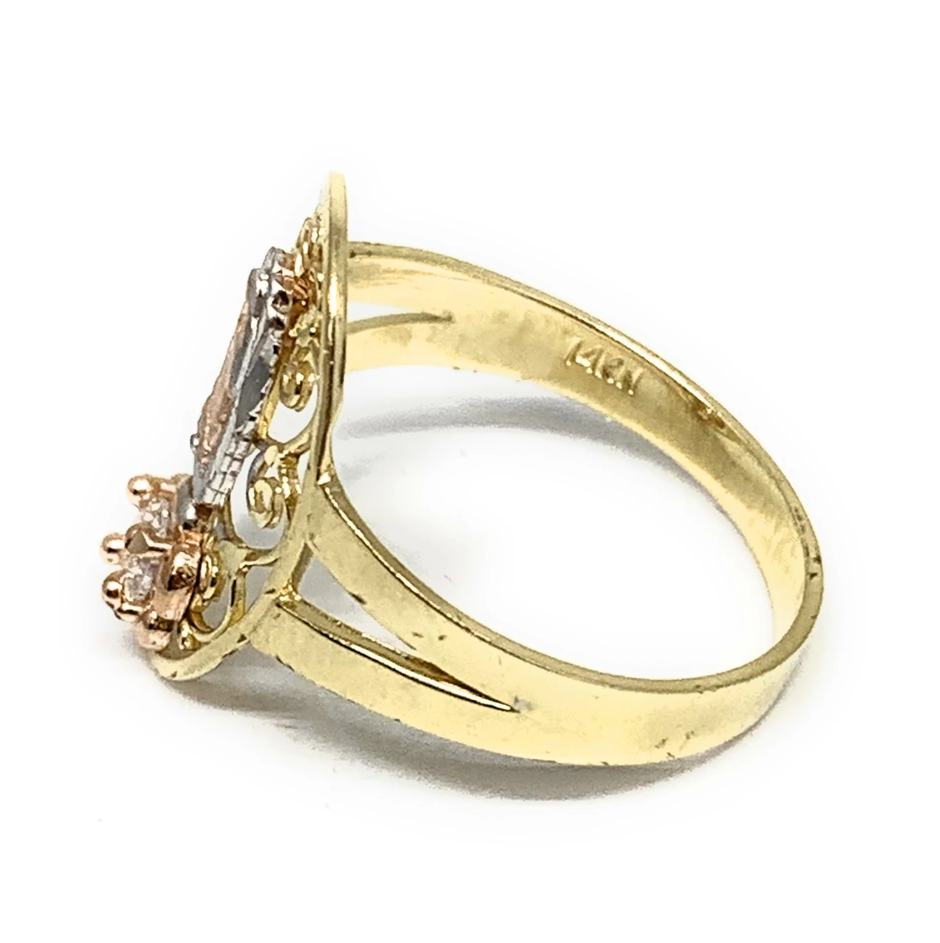 14k Solid Gold Yellow Tri-Color Virrgin Mary CZ Filigran Flower Ring - Image 2