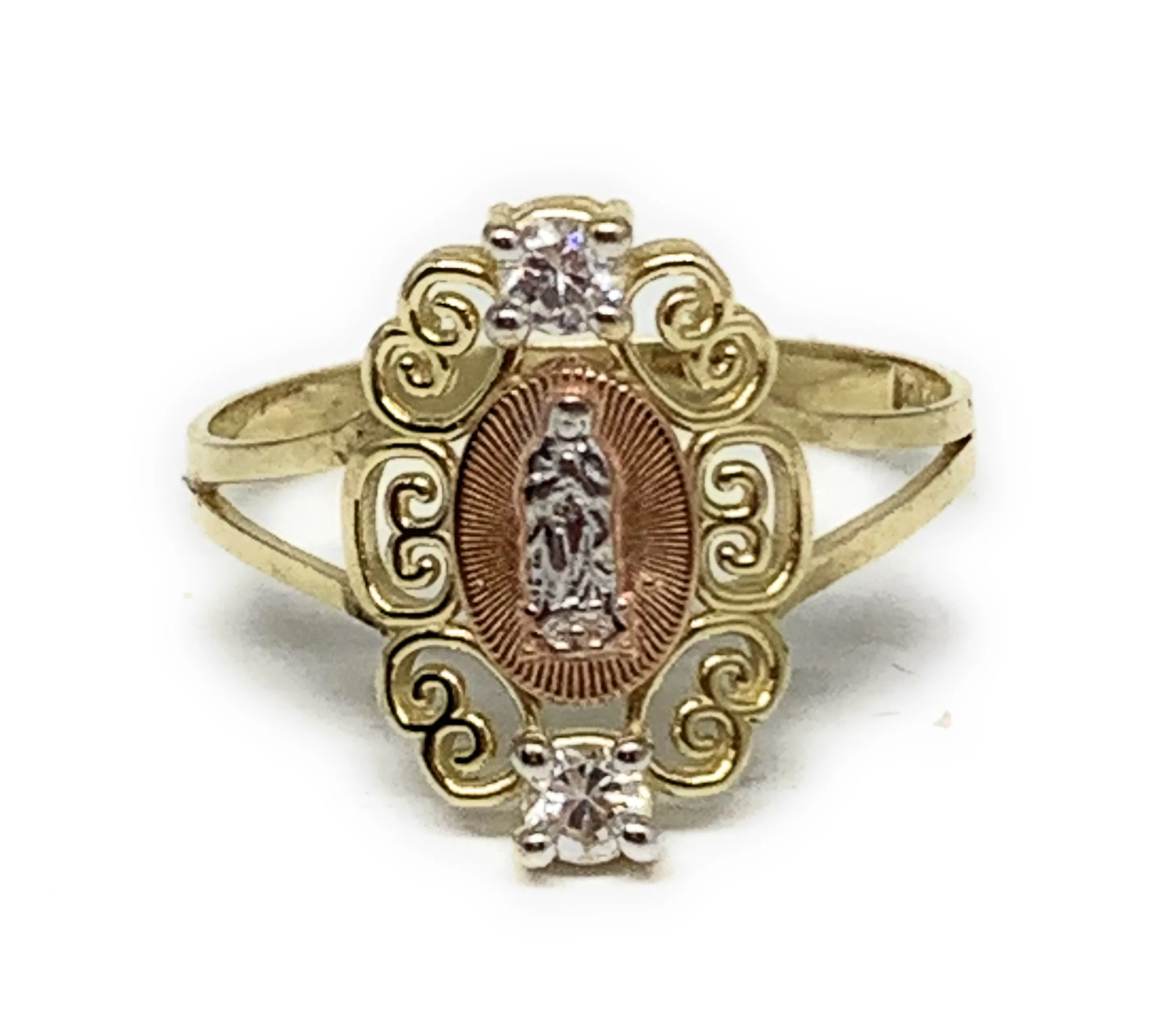 14k Solid Gold Yellow Tri-Color Virrgin Mary CZ Layered Ring