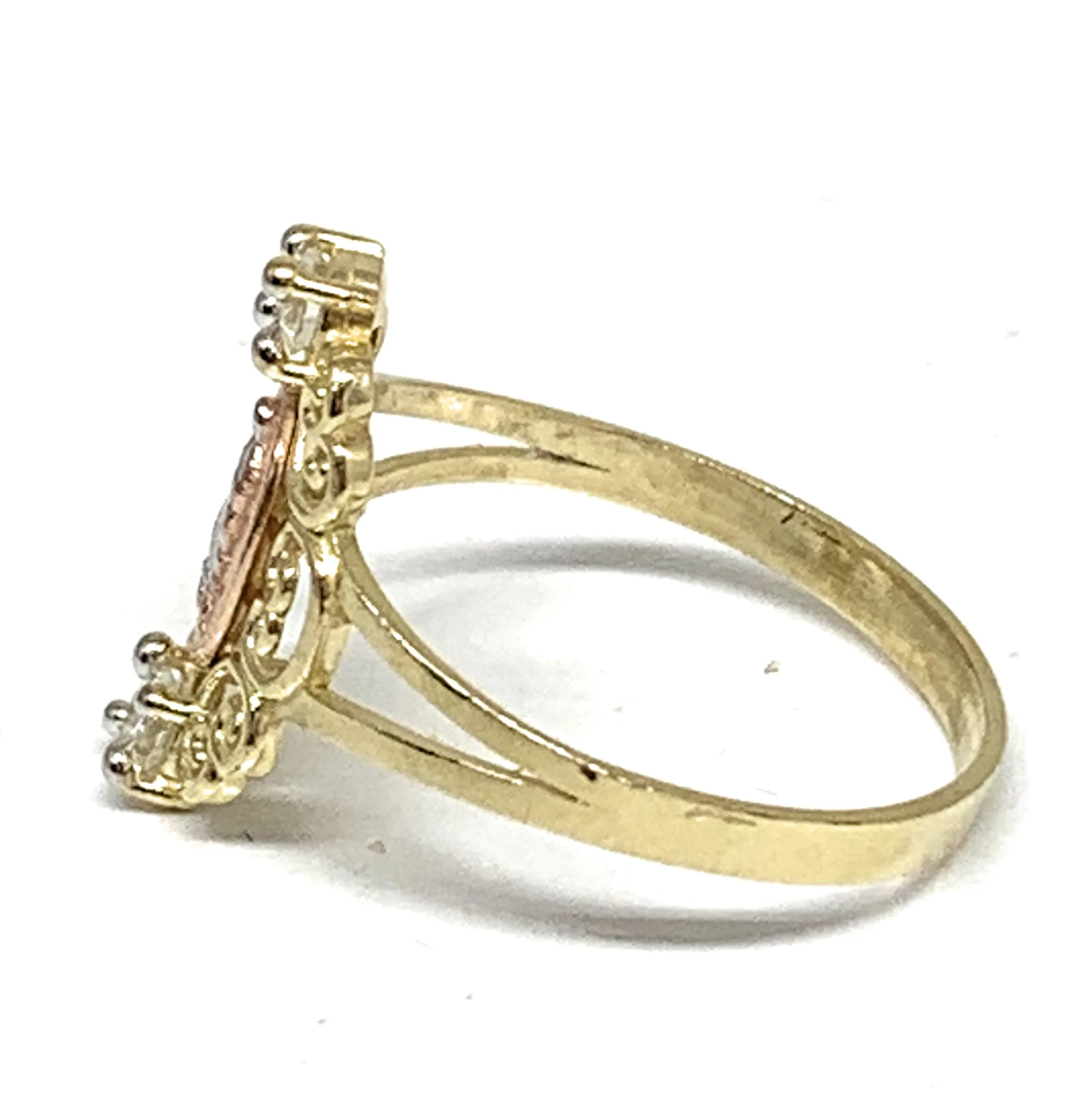 14k Solid Gold Yellow Tri-Color Virrgin Mary CZ Layered Ring - Image 2