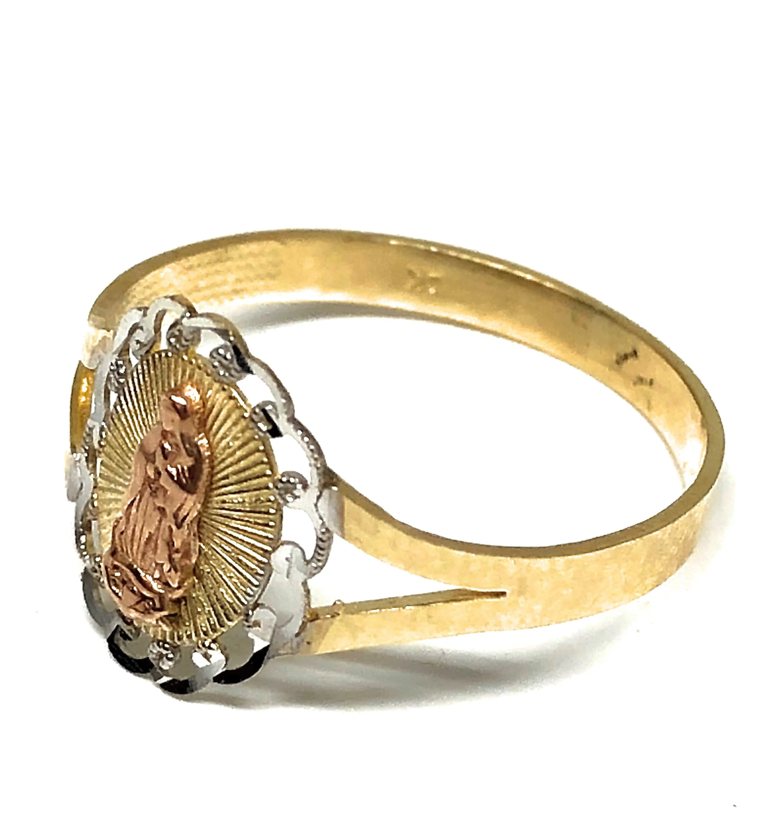 14k Solid Gold Yellow Tri-Color Virrgin Mary Ring - Image 3