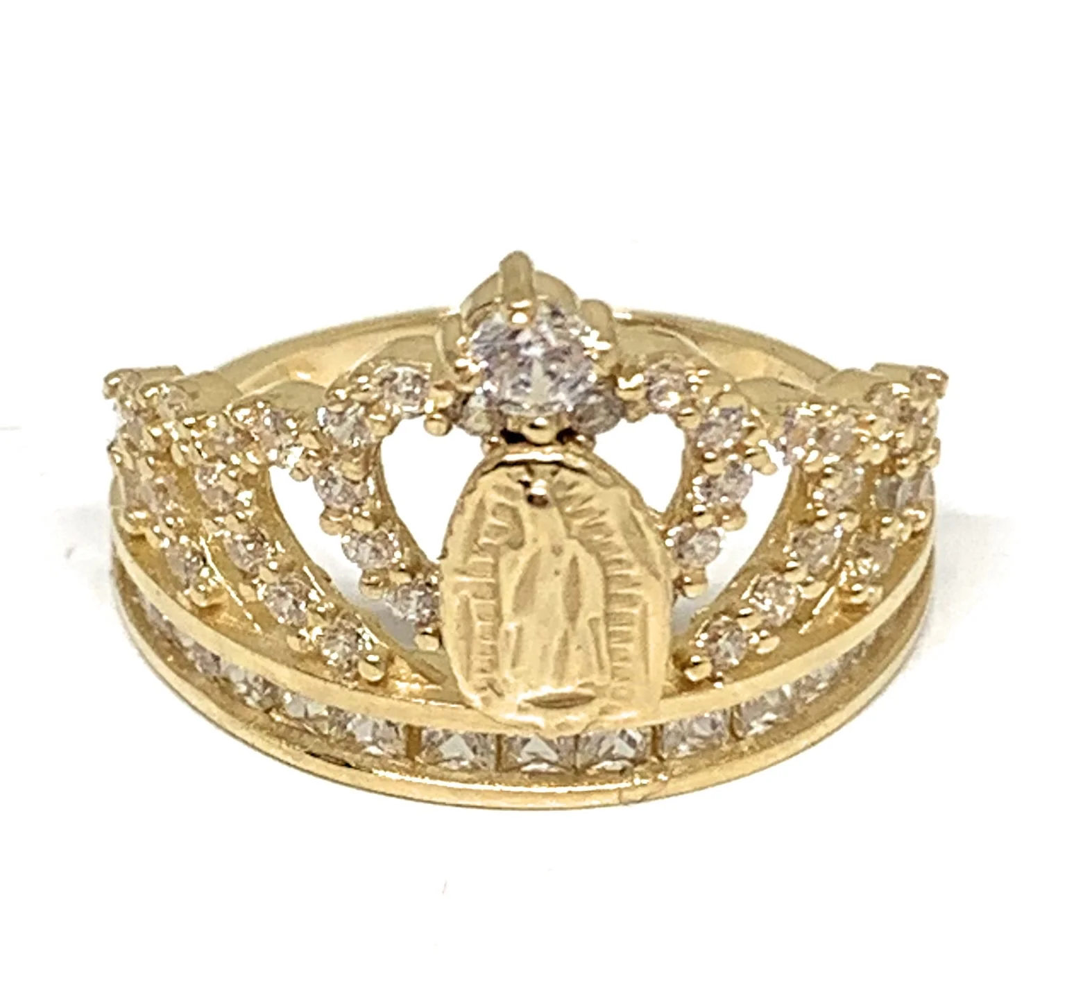 14k Solid Gold Yellow Virrgin Mary CZ Crown Ring