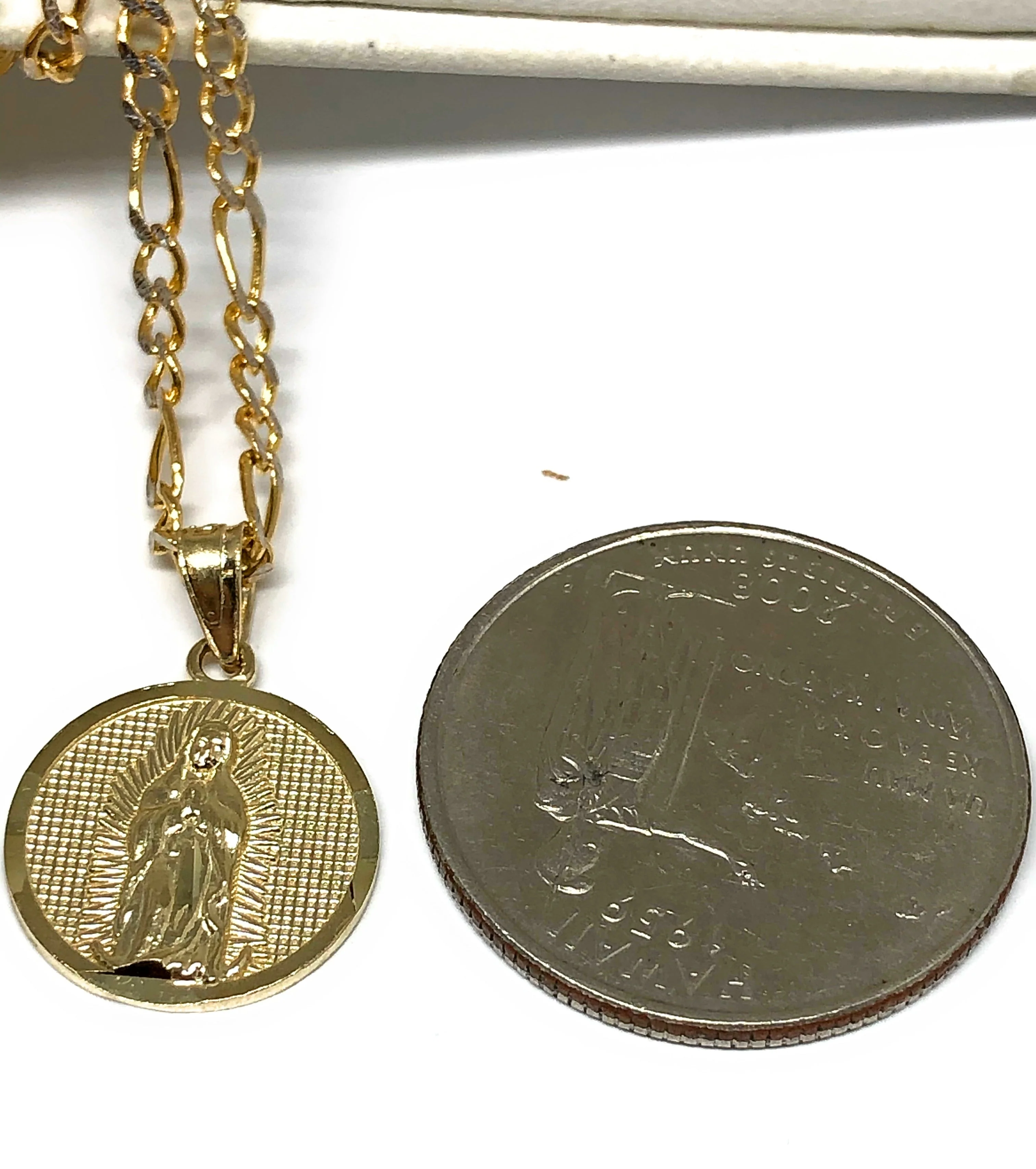 14k Solid Gold Yellow Virrgin Mary Virrgen Guadalupe Round Pendant Figaro Chain (SMALL) - Image 2