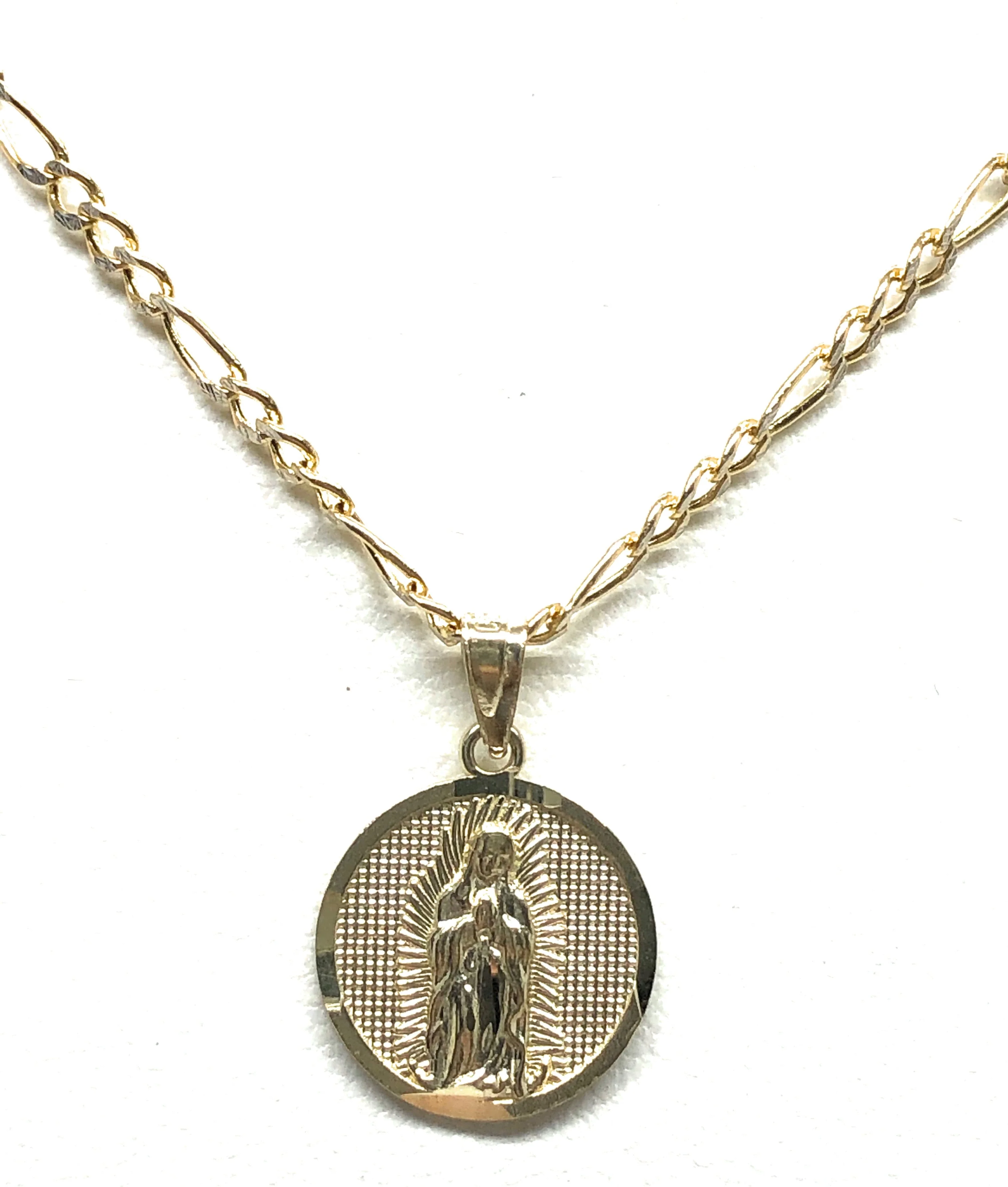 14k Solid Gold Yellow Virrgin Mary Virrgen Guadalupe Round Pendant Figaro Chain (SMALL) - Image 4