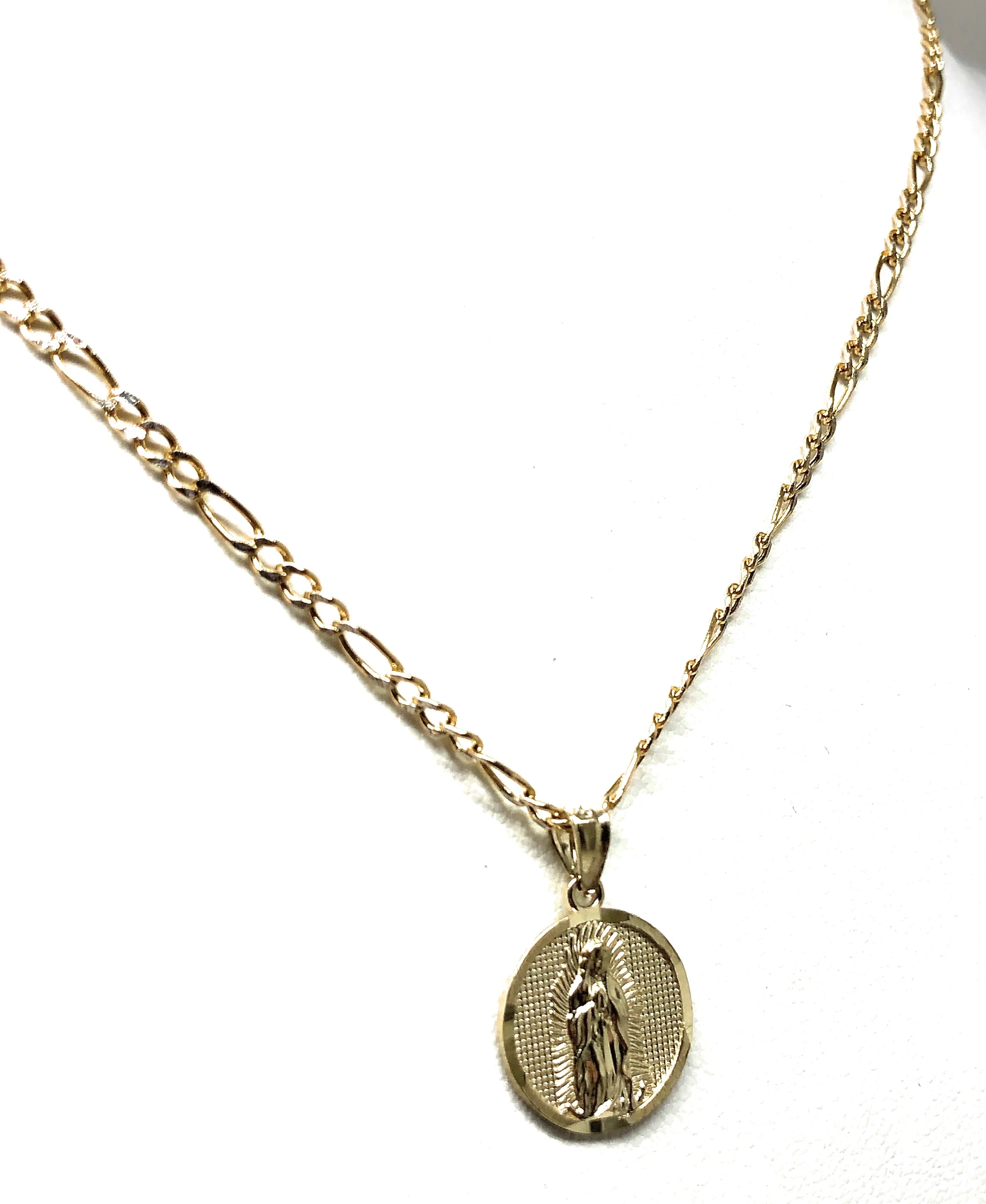 14k Solid Gold Yellow Virrgin Mary Virrgen Guadalupe Round Pendant Figaro Chain (SMALL) - Image 6