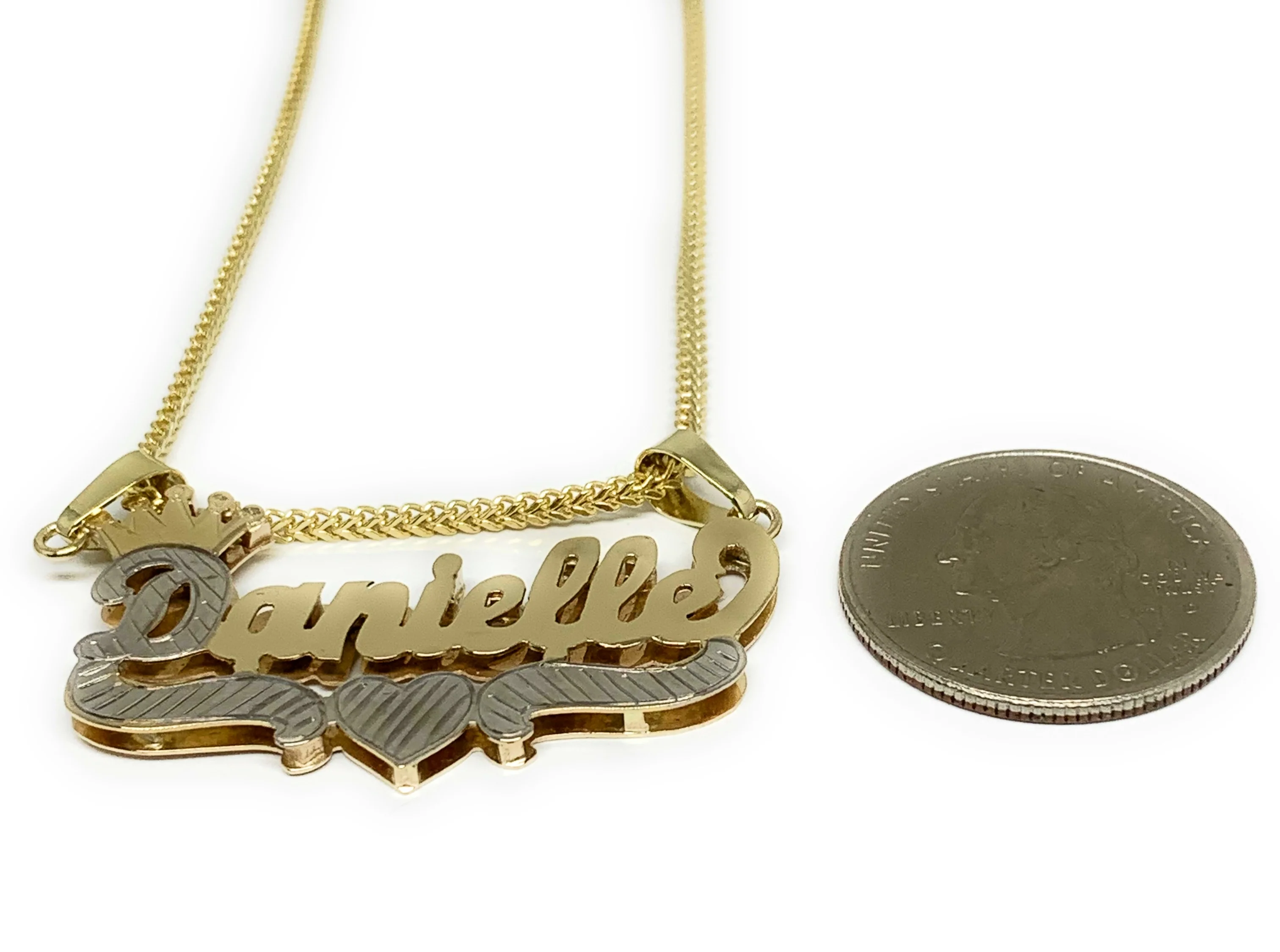 14k Solid Gold Yellow & White Custom CROWN CURSIVE WITH HEARTS 3D DOUBLE NAME ILLUSION Nameplate Pendant Necklace with Chain Options - Image 2