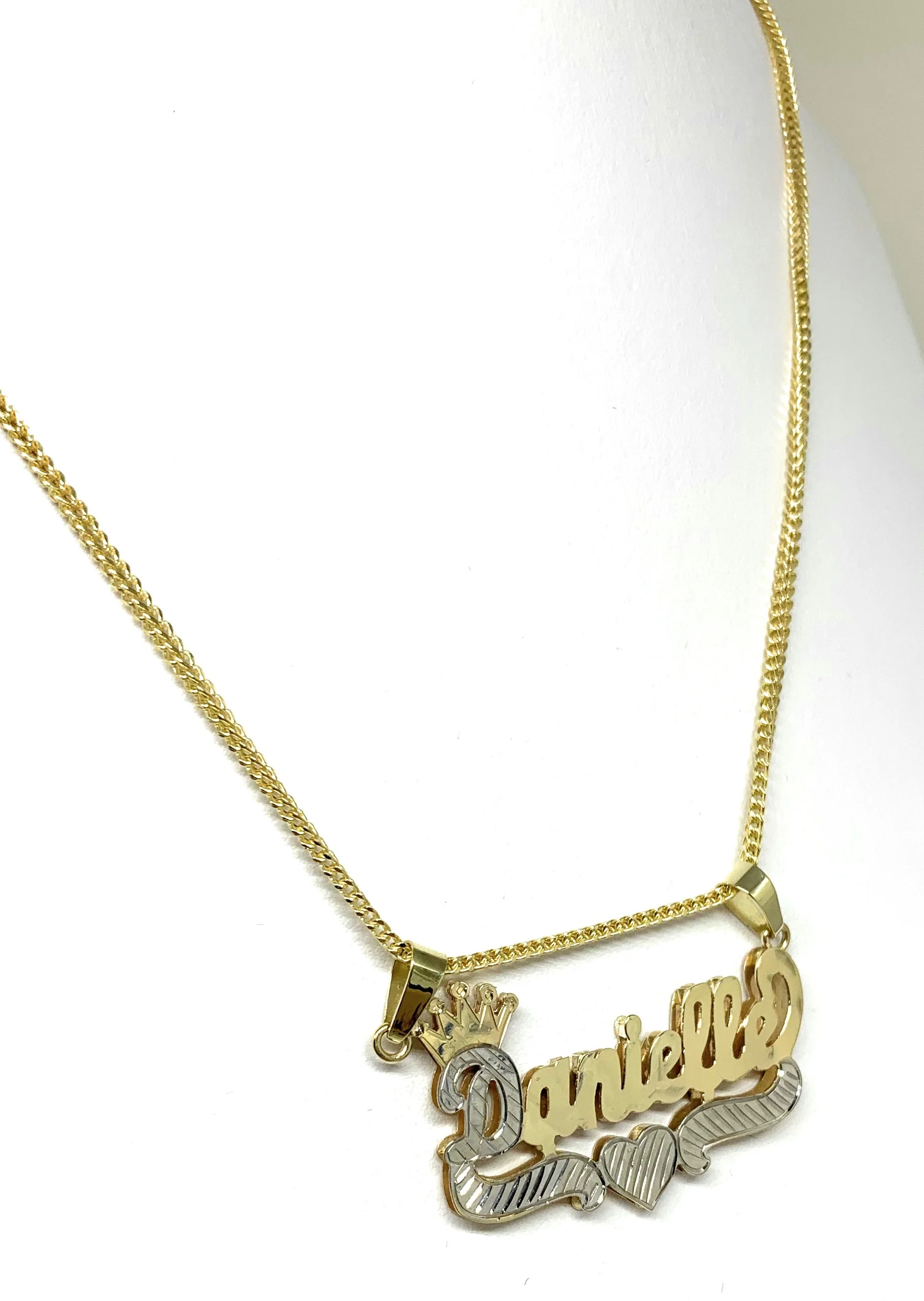 14k Solid Gold Yellow & White Custom CROWN CURSIVE WITH HEARTS 3D DOUBLE NAME ILLUSION Nameplate Pendant Necklace with Chain Options - Image 4