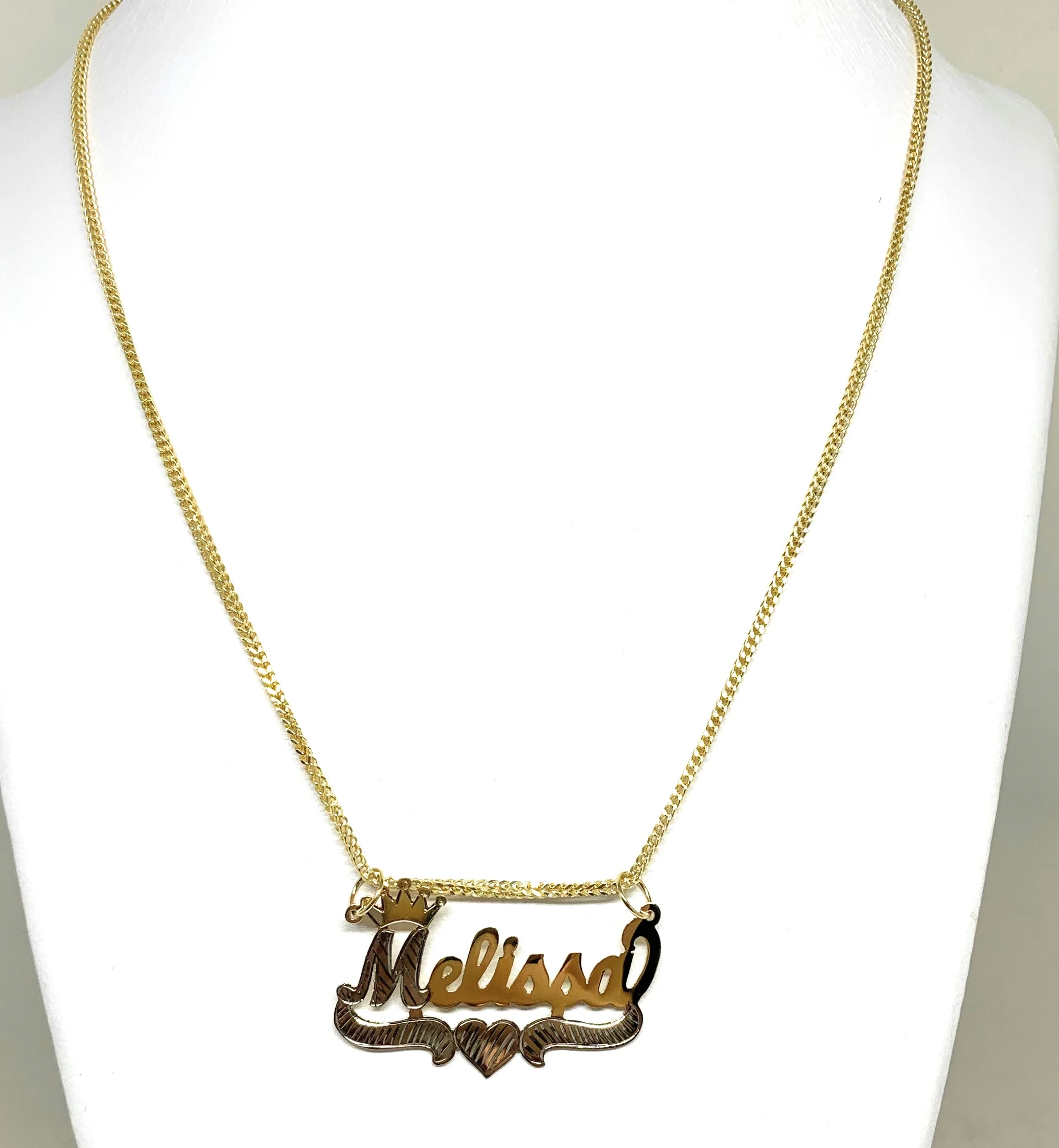 14k Solid Gold Yellow & White Custom CROWN CURSIVE WITH HEARTS Nameplate Pendant Necklace with Chain Options - Image 4
