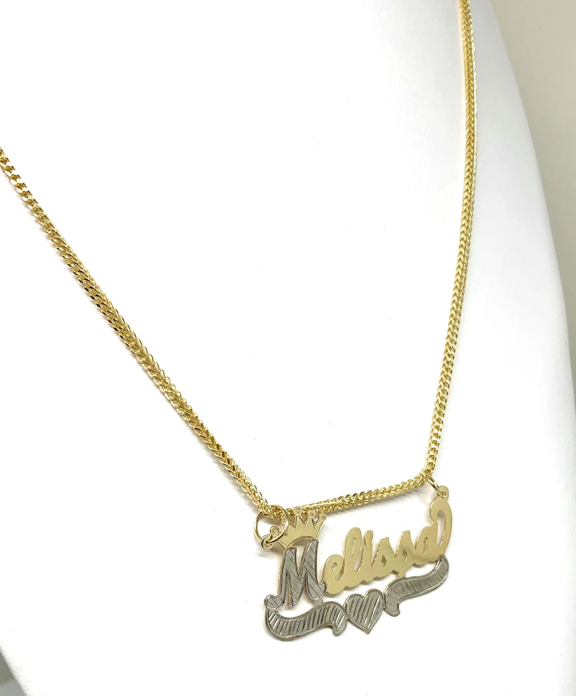14k Solid Gold Yellow & White Custom CROWN CURSIVE WITH HEARTS Nameplate Pendant Necklace with Chain Options - Image 5