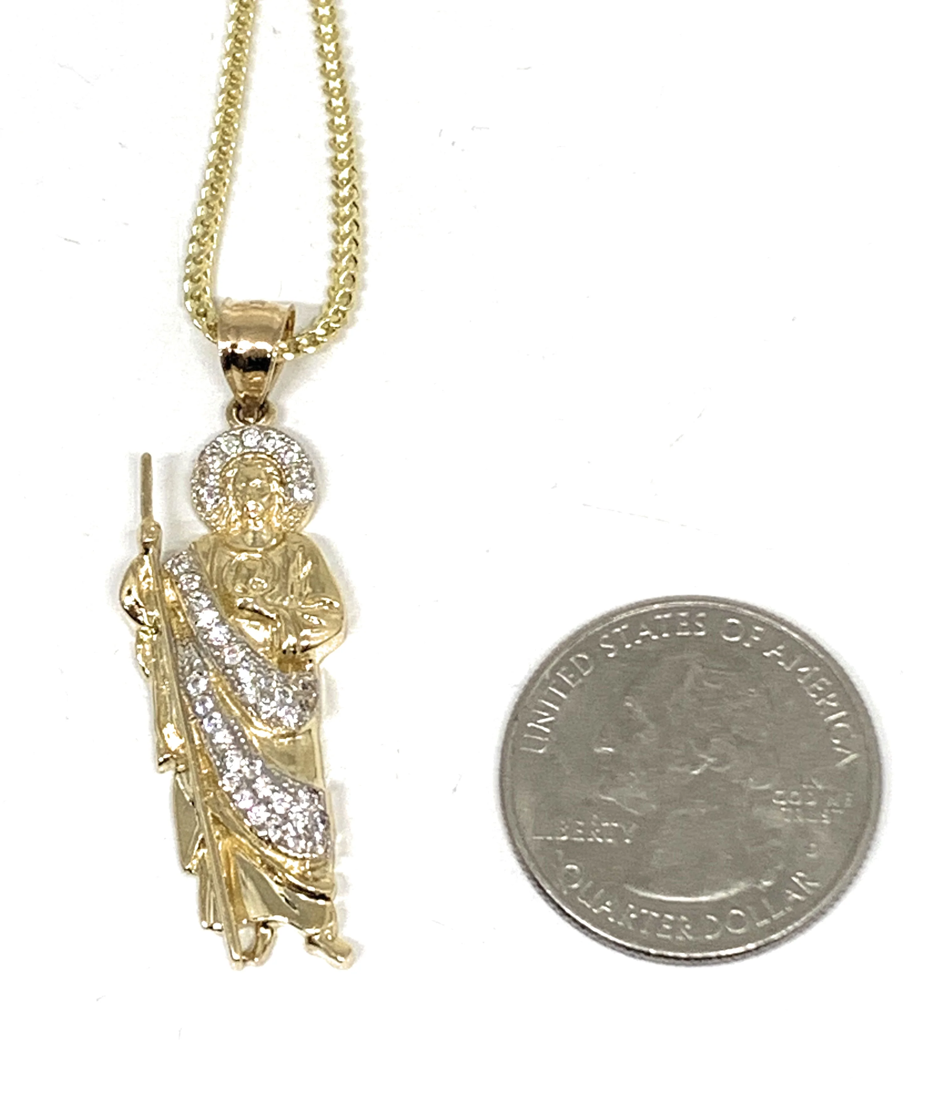 14k Solid Gold Yellow White CZ Saan Judas Saaint Jude Pendant with Chain Optional (SM) - Image 2