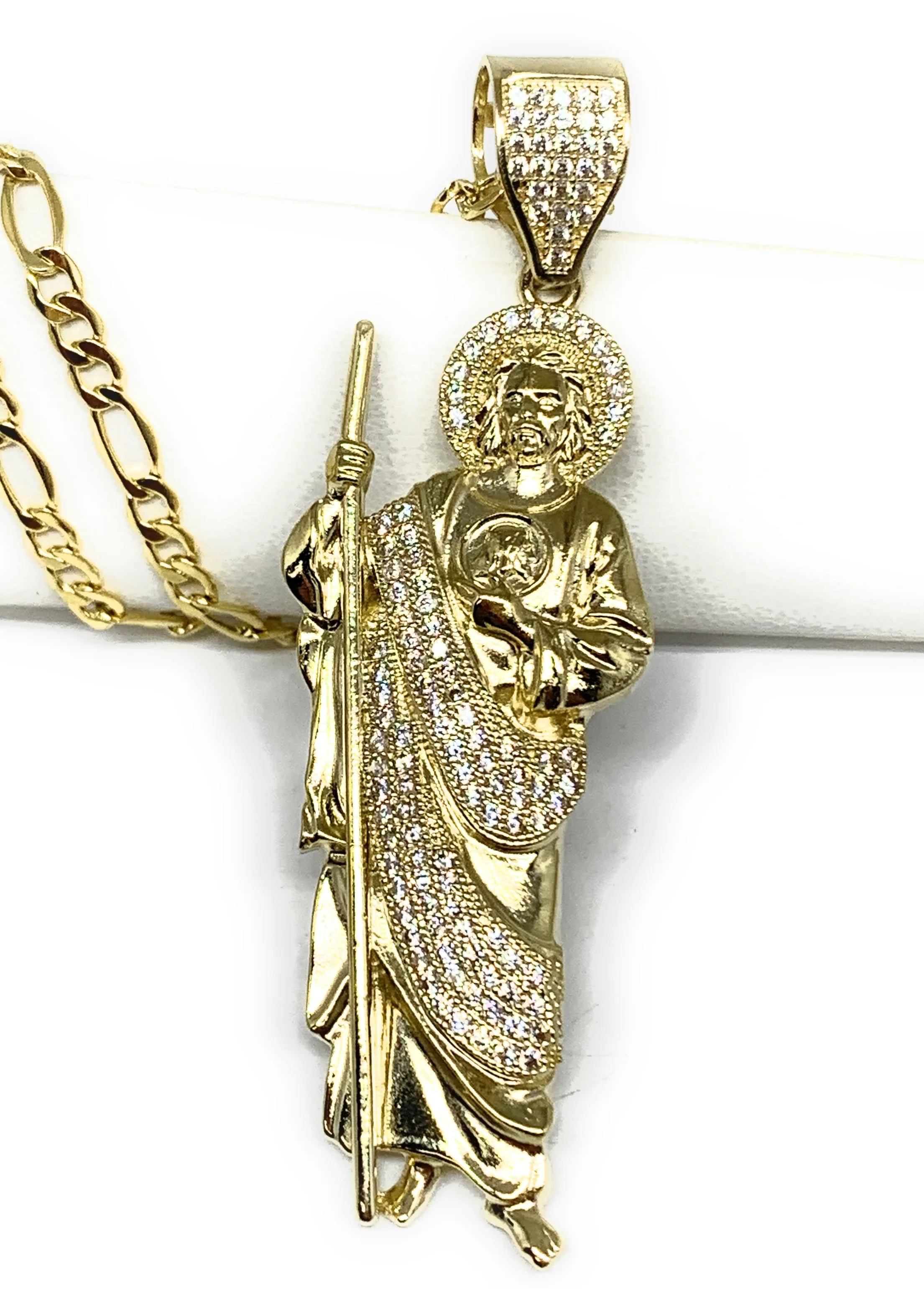 14k Solid Gold Yellow White CZ Saan Judas Saaint Jude Pendant with Figaro 2.5mm Chain Optional (LG,MED)