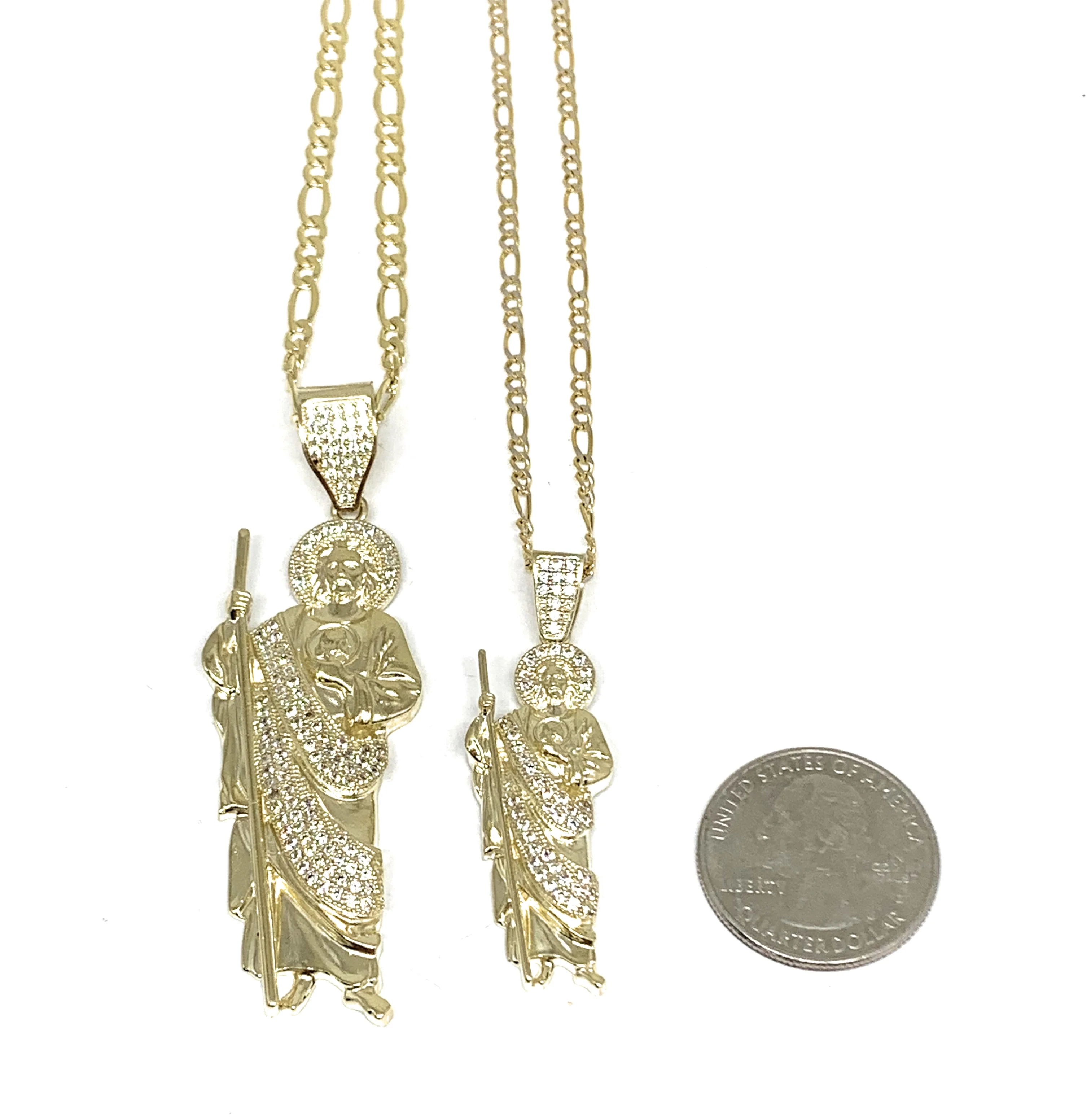 14k Solid Gold Yellow White CZ Saan Judas Saaint Jude Pendant with Figaro 2.5mm Chain Optional (LG,MED) - Image 2