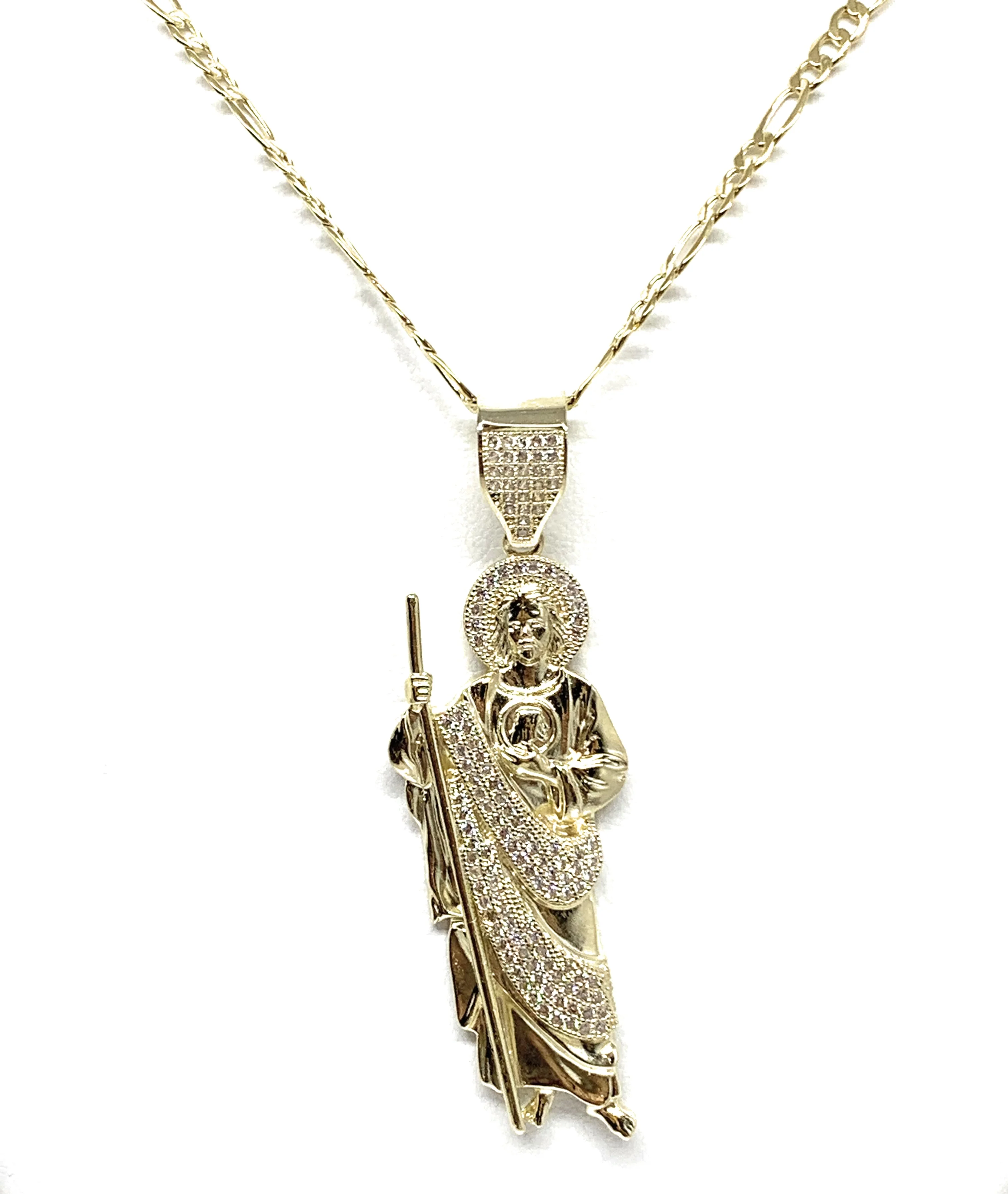 14k Solid Gold Yellow White CZ Saan Judas Saaint Jude Pendant with Figaro 2.5mm Chain Optional (LG,MED) - Image 5