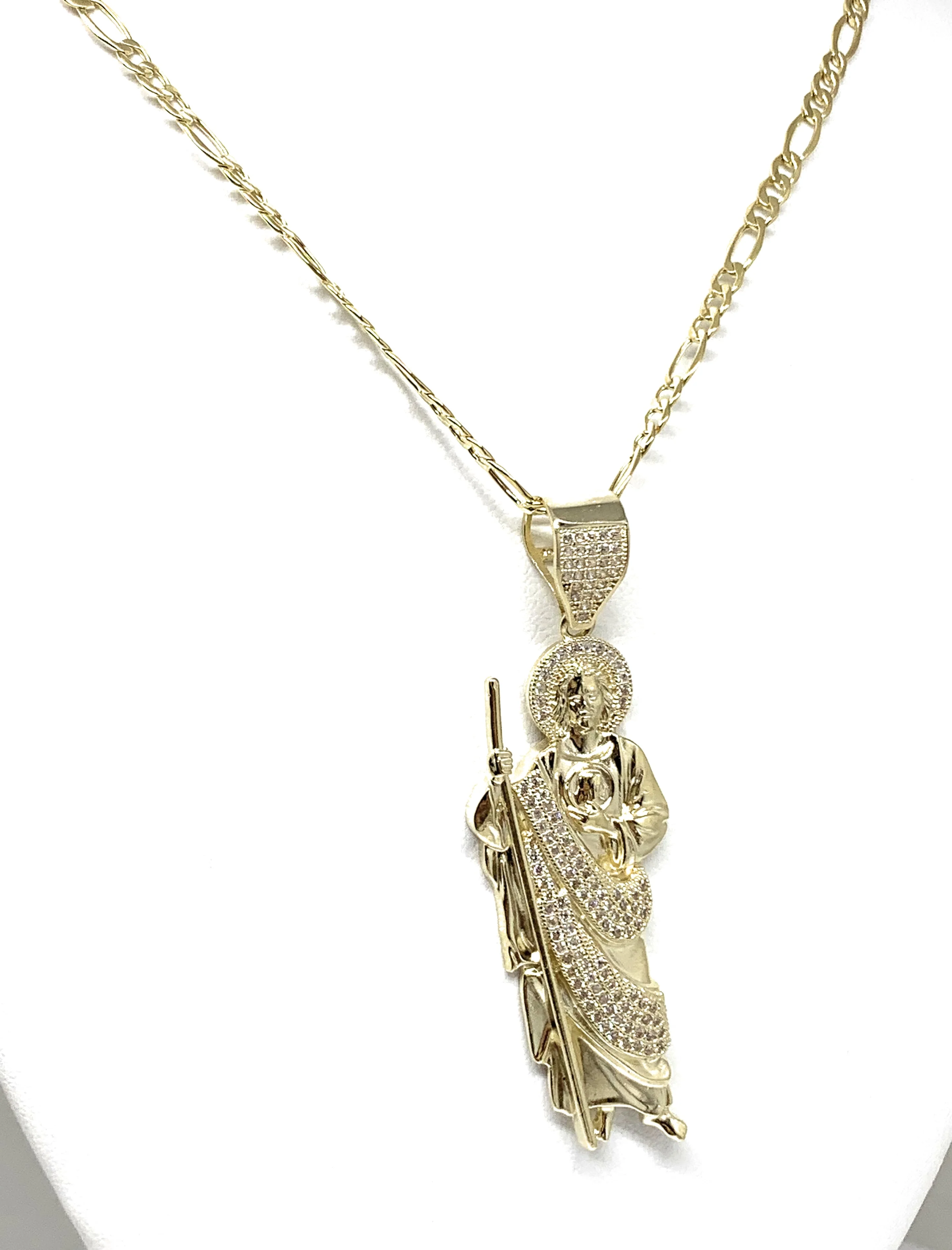 14k Solid Gold Yellow White CZ Saan Judas Saaint Jude Pendant with Figaro 2.5mm Chain Optional (LG,MED) - Image 6