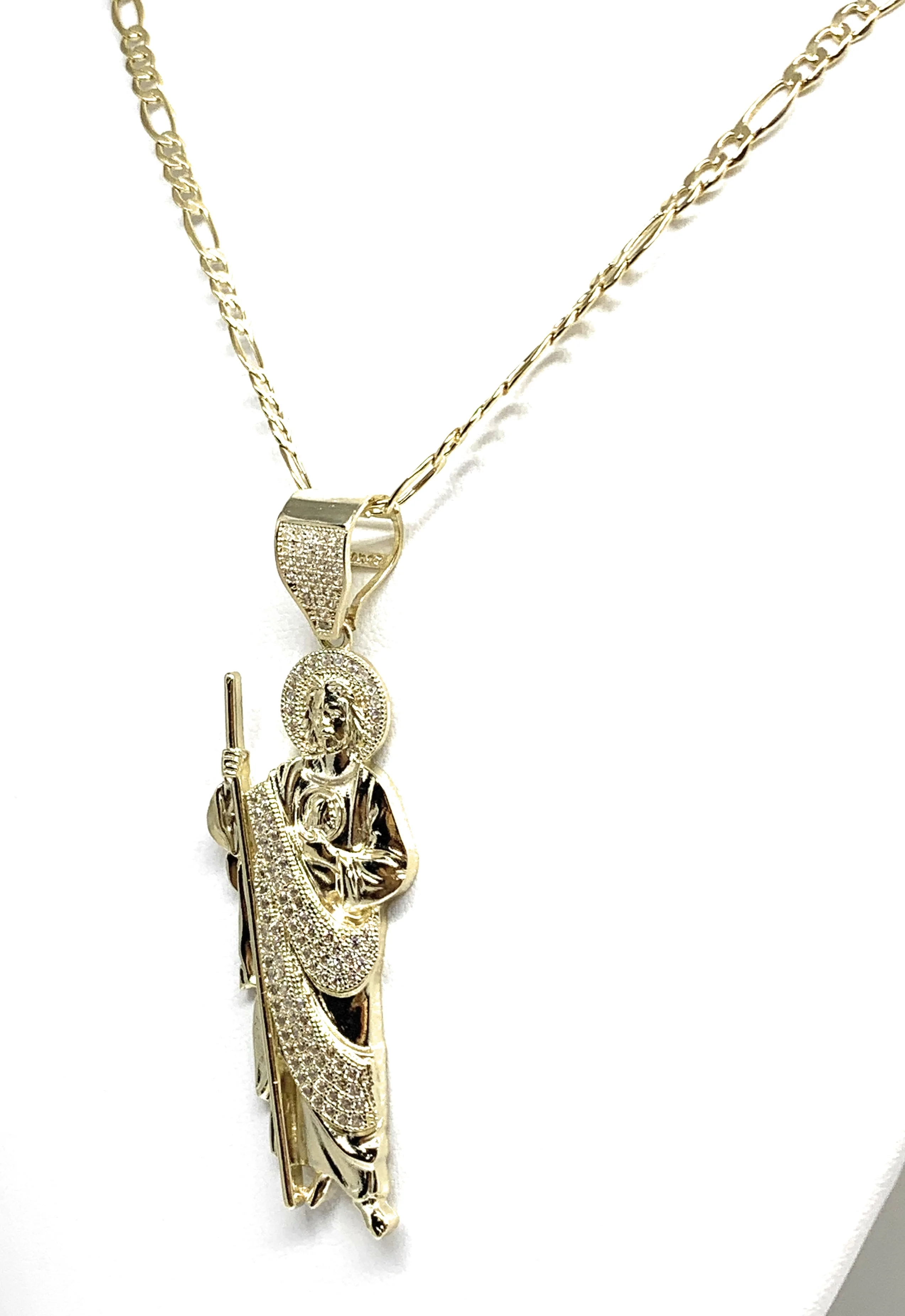 14k Solid Gold Yellow White CZ Saan Judas Saaint Jude Pendant with Figaro 2.5mm Chain Optional (LG,MED) - Image 7