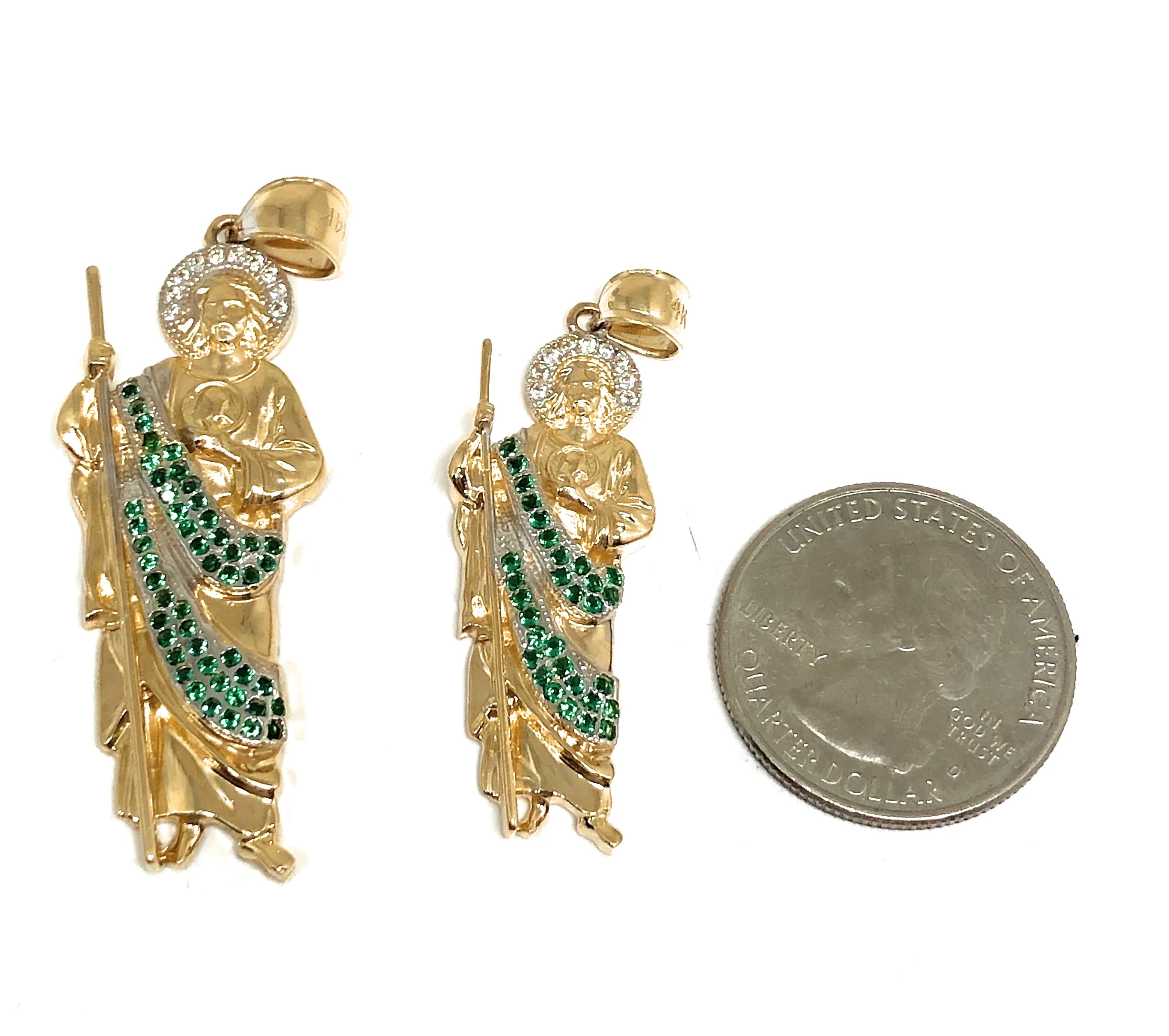 14k Solid Gold Yellow White & Green CZ Saan Judas Saaint Jude Pendant with Chain (SM, MED,LG)) - Image 10