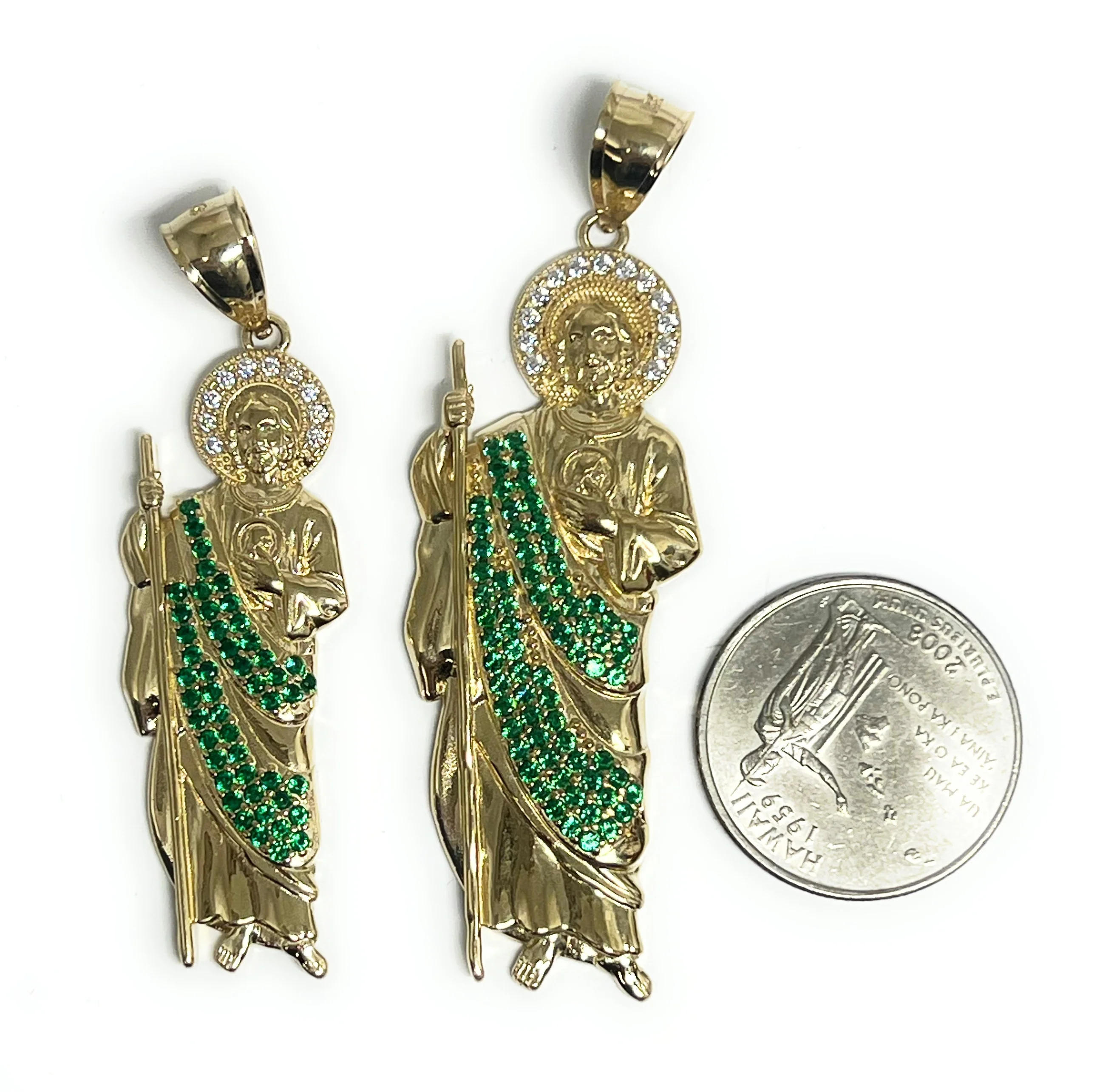 14k Solid Gold Yellow White & Green CZ Saan Judas Saaint Jude Pendant with Chain (SM, MED,LG)) - Image 2