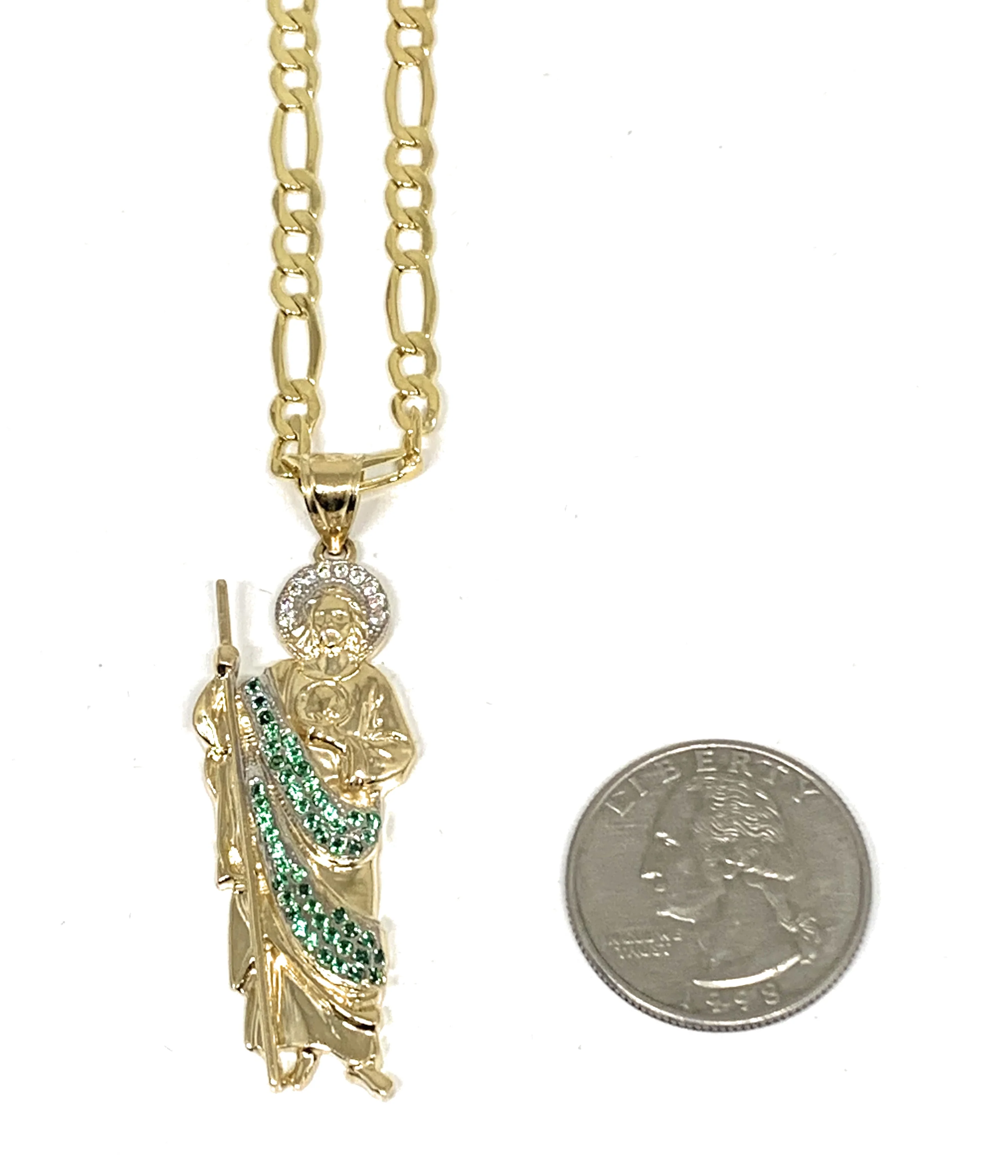 14k Solid Gold Yellow White & Green CZ Saan Judas Saaint Jude Pendant with Chain (SM, MED,LG)) - Image 3