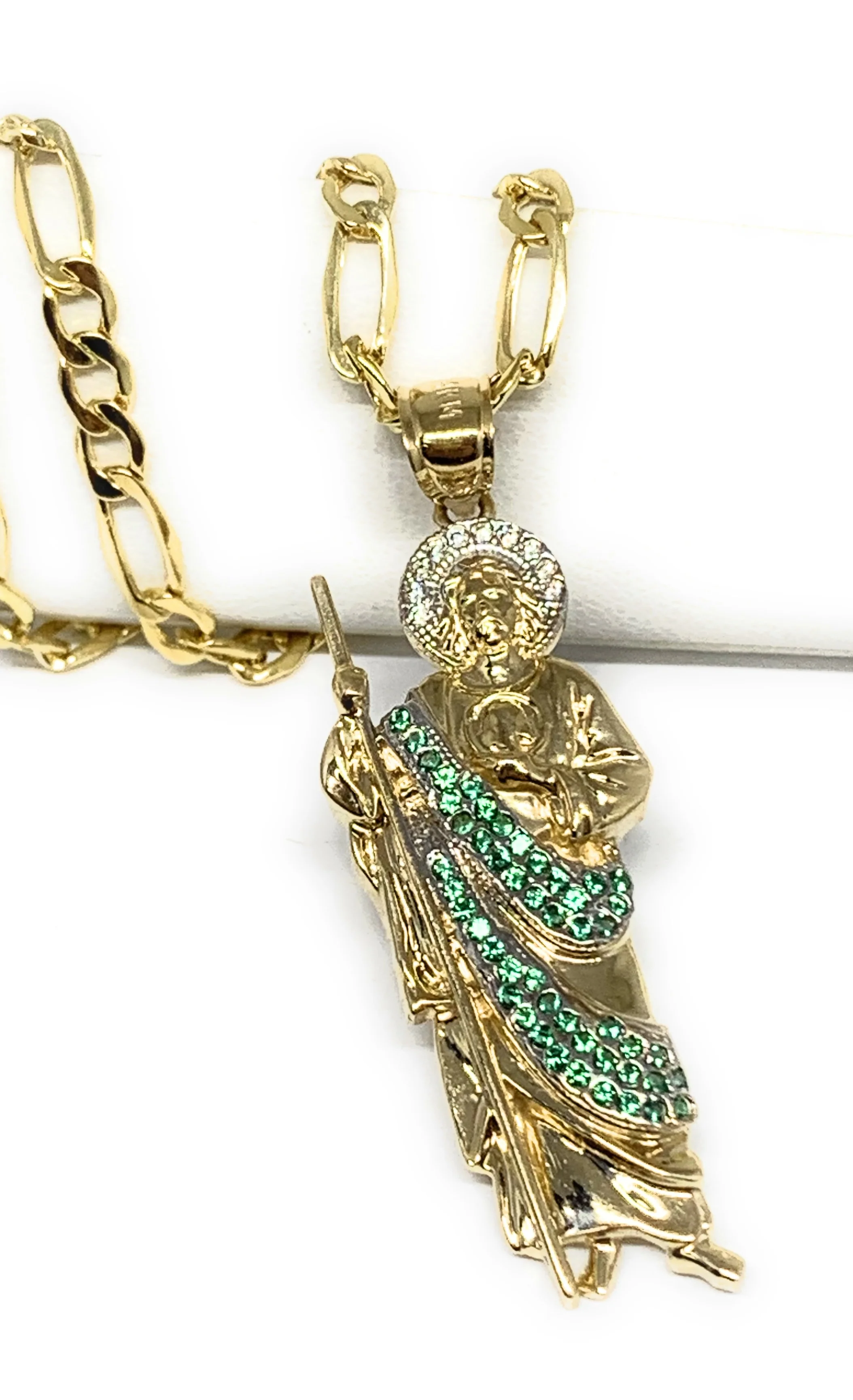 14k Solid Gold Yellow White & Green CZ Saan Judas Saaint Jude Pendant with Chain (SM, MED,LG)) - Image 4
