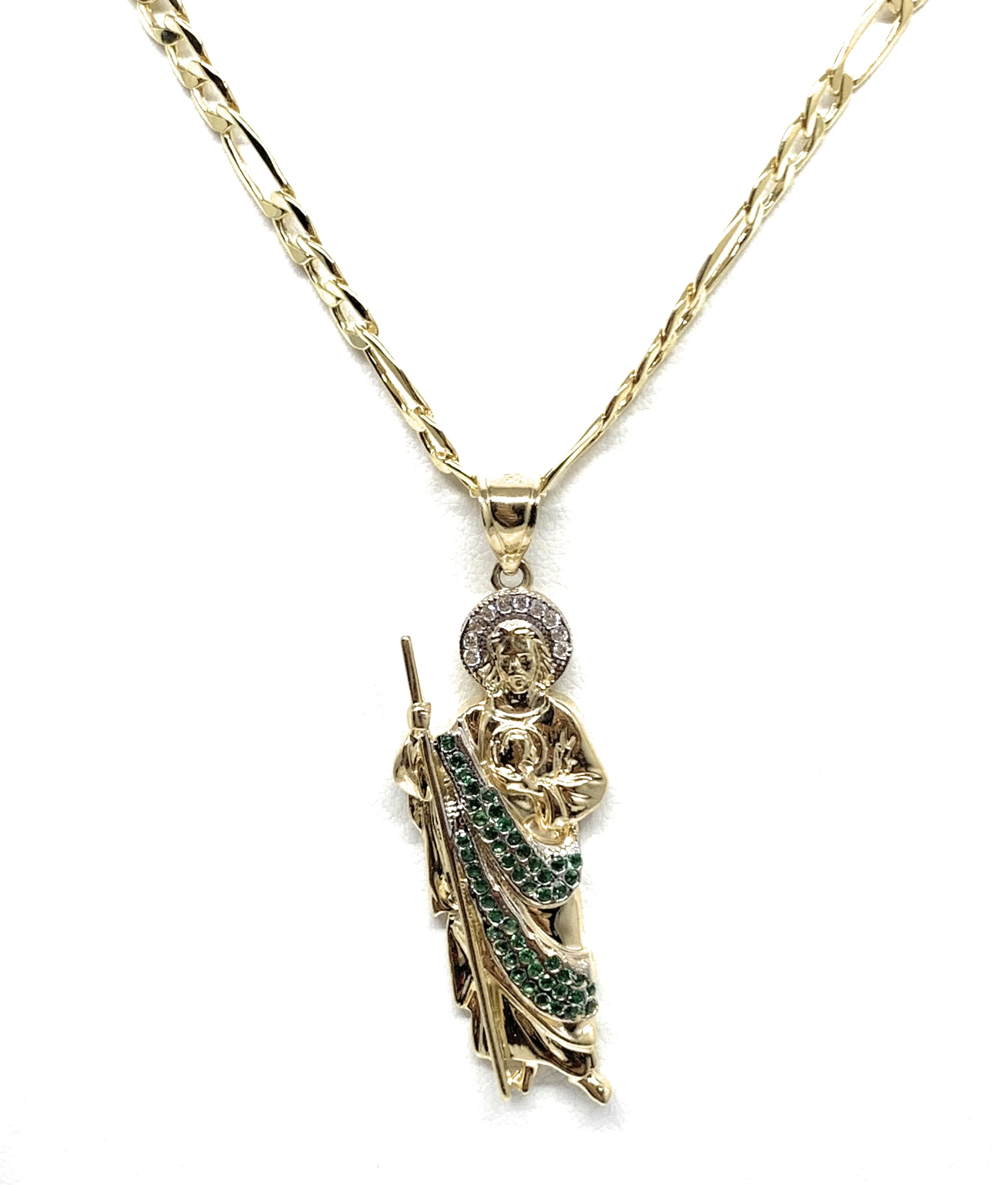 14k Solid Gold Yellow White & Green CZ Saan Judas Saaint Jude Pendant with Chain (SM, MED,LG)) - Image 6