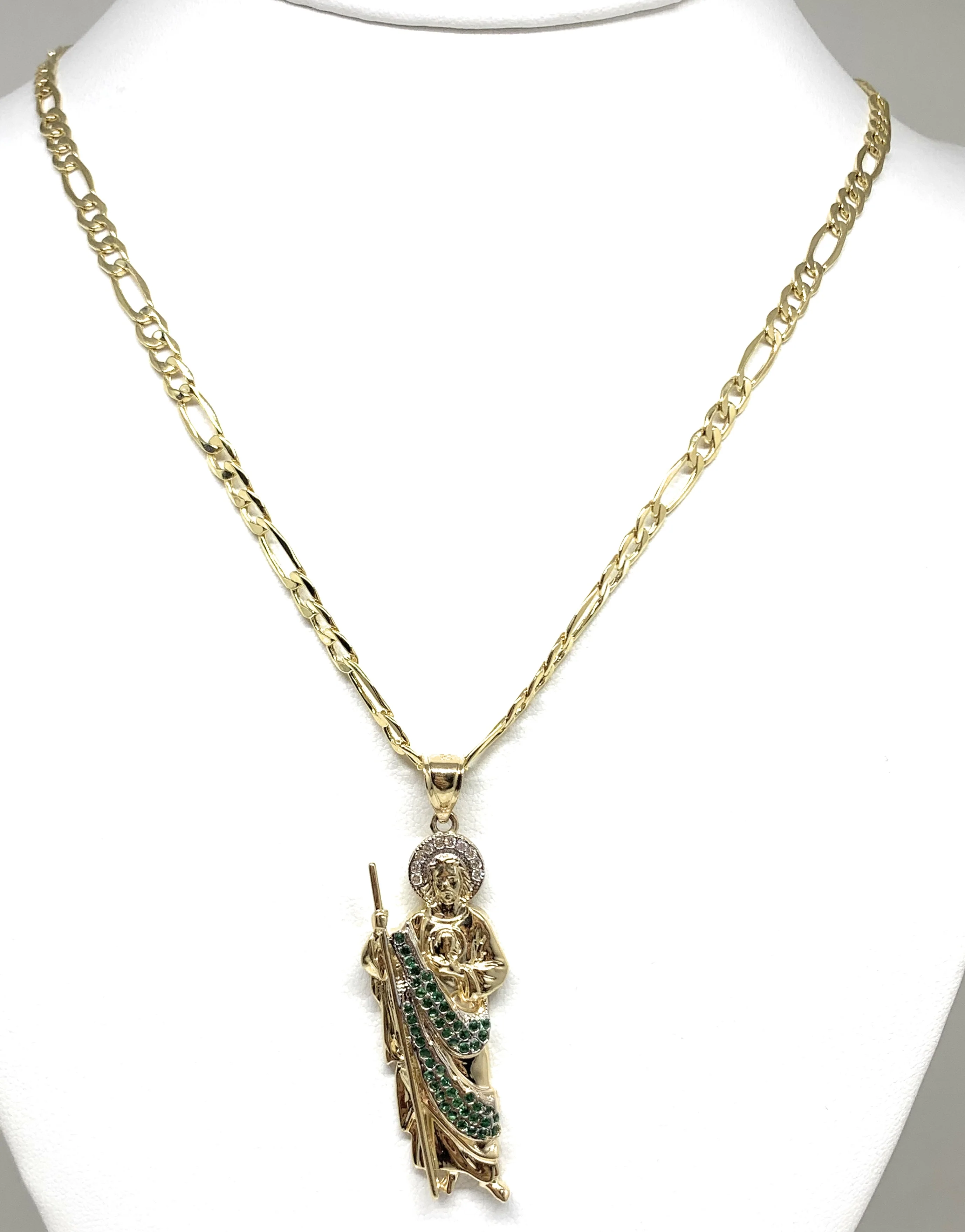 14k Solid Gold Yellow White & Green CZ Saan Judas Saaint Jude Pendant with Chain (SM, MED,LG)) - Image 8