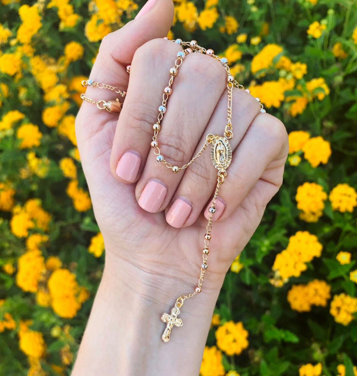 Gold Plated 18” Tri-Color Virgin Mary Rosary Crucifix 3mm Beads / Rosario De Oro Laminado Tres Colores Con Guadalupe y Cruz Jesus Bolas de 3mm - Image 3