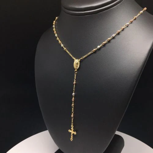 Gold Plated 18” Tri-Color Virgin Mary Rosary Crucifix 3mm Beads / Rosario De Oro Laminado Tres Colores Con Guadalupe y Cruz Jesus Bolas de 3mm - Image 6