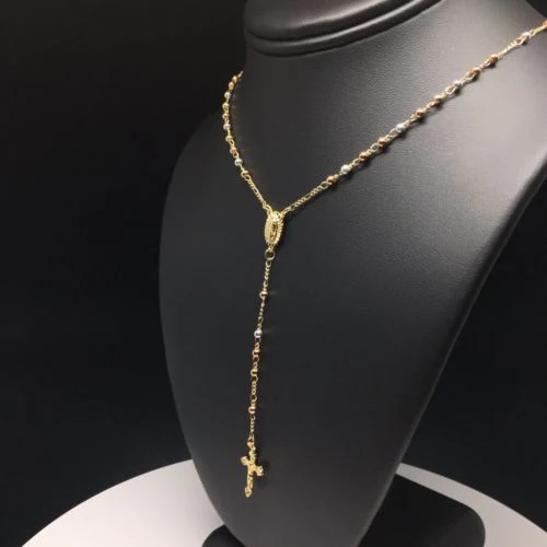 Gold Plated 18” Tri-Color Virgin Mary Rosary Crucifix 3mm Beads / Rosario De Oro Laminado Tres Colores Con Guadalupe y Cruz Jesus Bolas de 3mm - Image 7