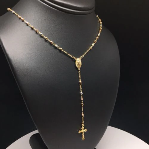 Gold Plated 18” Tri-Color Virgin Mary Rosary Crucifix 3mm Beads / Rosario De Oro Laminado Tres Colores Con Guadalupe y Cruz Jesus Bolas de 3mm - Image 9