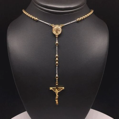 20" Gold Plated San Benito Rosary With Jesus Cross Crucifix 4mm Egg Bead / 20" San Benito Rosario con Crucifijo 4mm Bolas - Image 3