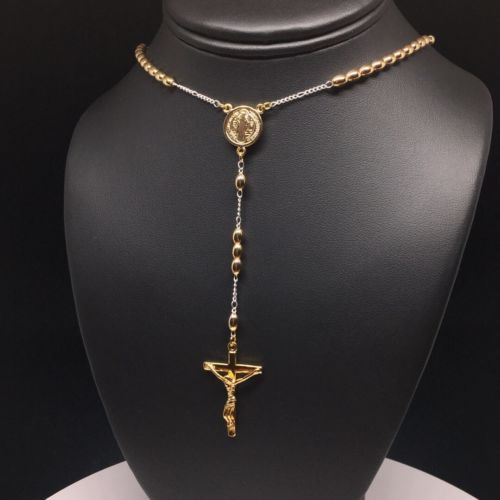20" Gold Plated San Benito Rosary With Jesus Cross Crucifix 4mm Egg Bead / 20" San Benito Rosario con Crucifijo 4mm Bolas - Image 4