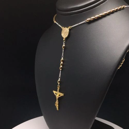 20" Gold Plated San Benito Rosary With Jesus Cross Crucifix 4mm Egg Bead / 20" San Benito Rosario con Crucifijo 4mm Bolas - Image 6