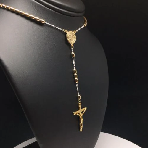20" Gold Plated San Benito Rosary With Jesus Cross Crucifix 4mm Egg Bead / 20" San Benito Rosario con Crucifijo 4mm Bolas - Image 7