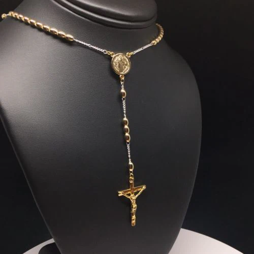 20" Gold Plated San Benito Rosary With Jesus Cross Crucifix 4mm Egg Bead / 20" San Benito Rosario con Crucifijo 4mm Bolas - Image 8