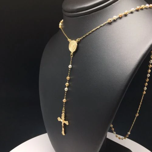 Gold Plated 24" Gold Plated San Benito Tri Color Rosary With Jesus Cross Crucifix 4mm San Benito Rosario 4mm - Image 4