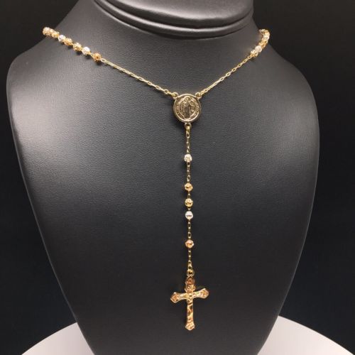 Gold Plated 24" Gold Plated San Benito Tri Color Rosary With Jesus Cross Crucifix 4mm San Benito Rosario 4mm - Image 7