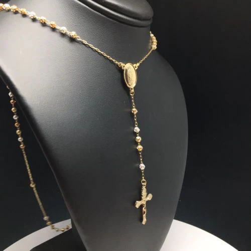 24" Gold Plated Tri-Color Virgin Mary Rosary with 4mm Beads / 24" Rosario De Oro Laminado Tres Colores Con Guadalupe Y Cruz Jesus Bolas De 4mm - Image 4
